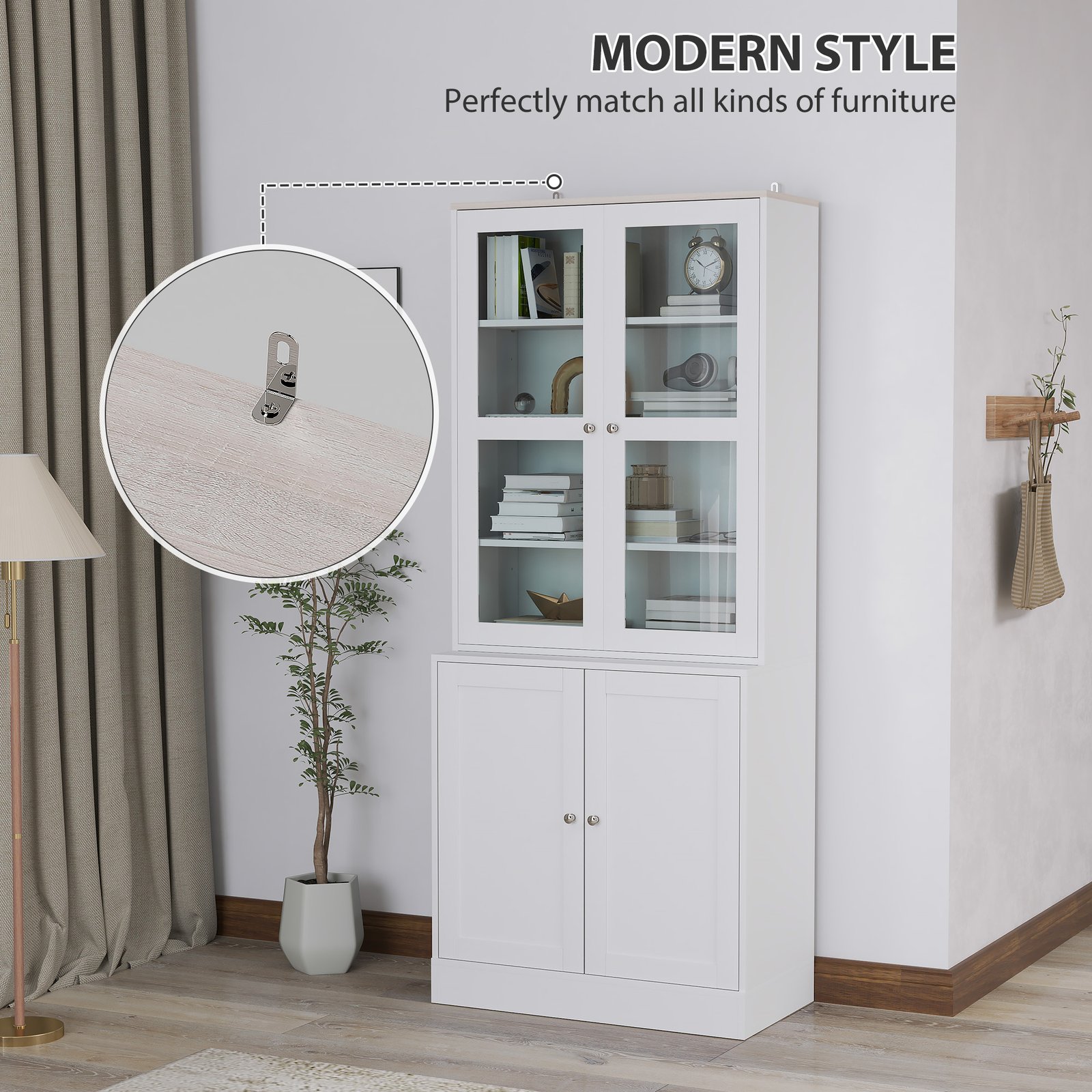 HOMCOM Double Storage Display Cabinet with Adjustable Shelves, MDF - White - Image 4