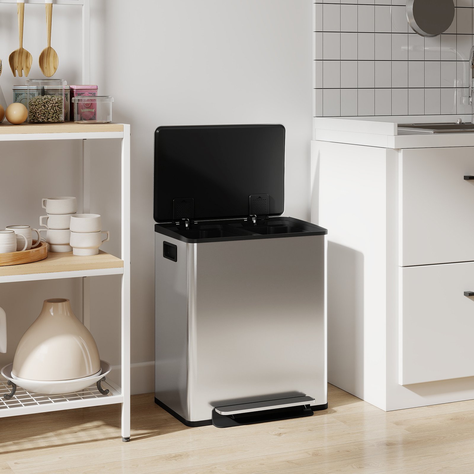 HOMCOM 50L Dual Compartment Stainless Steel Bin, with Deodoriser Holders - Silver - Image 9