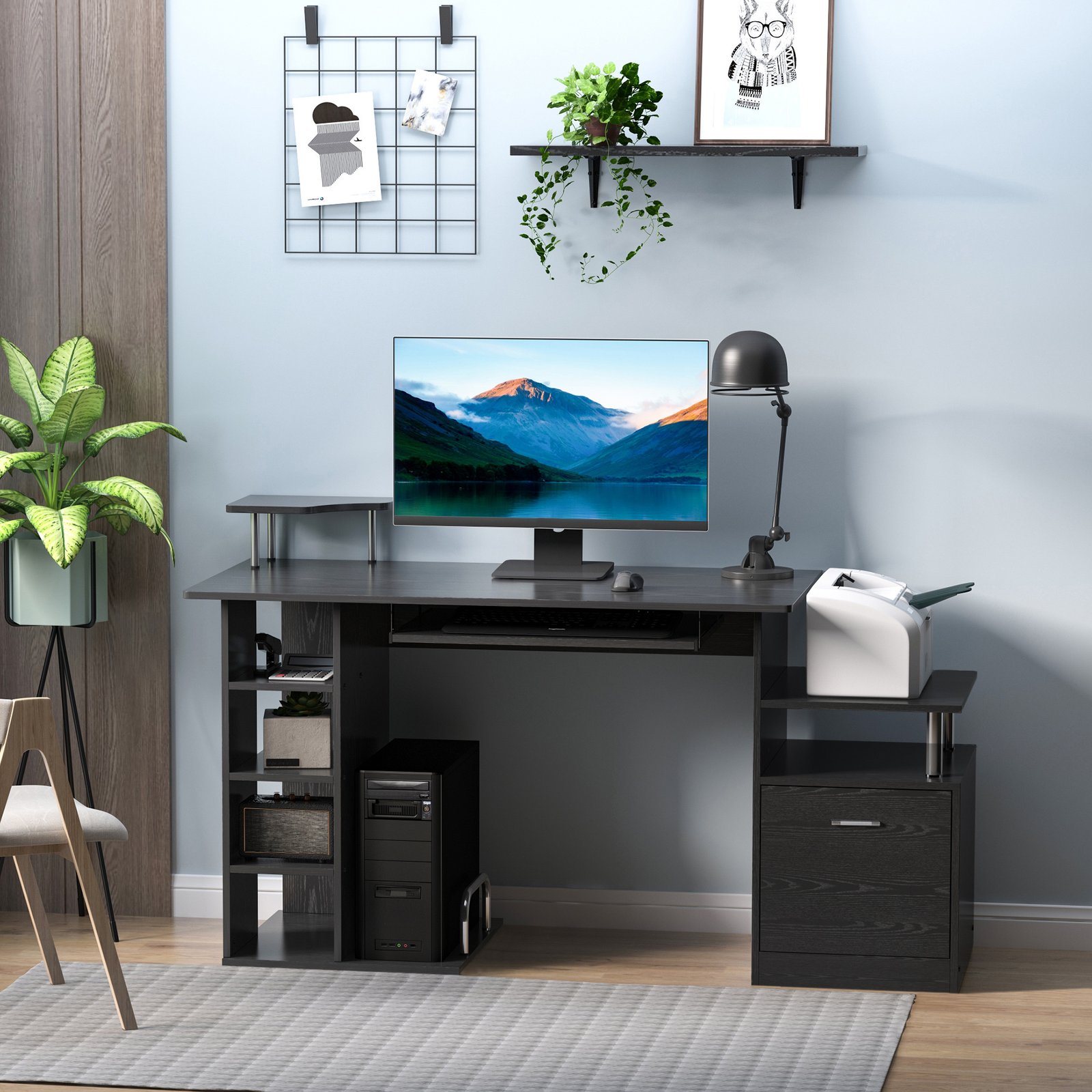 HOMCOM Computer Desk PC Workstation with Drawer Shelves CPU Storage Rack Home Office Furniture 152 x 60 x 88cm (BLACK) - Image 2