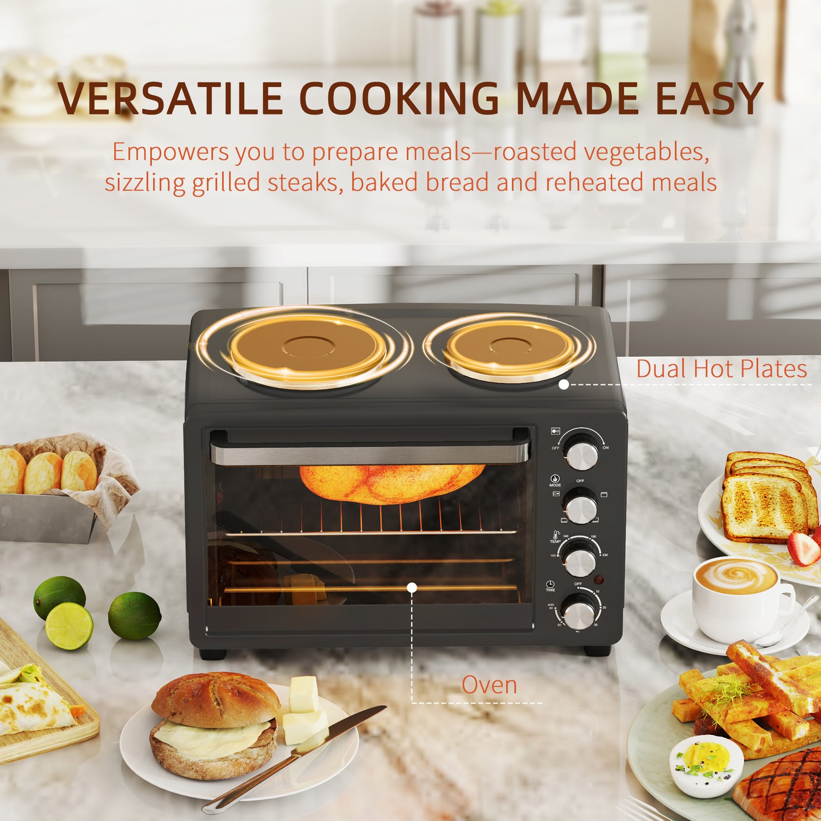 HOMCOM 28L Mini Oven with 2 Hot Plates, Countertop Toaster Oven, Grill, Roast, Bake, Boil, with Timer, Adjustable Temperature, Electric Oven with Baking Tray, Grill Rack, Crumb Tray, 2600W, Black - Image 4