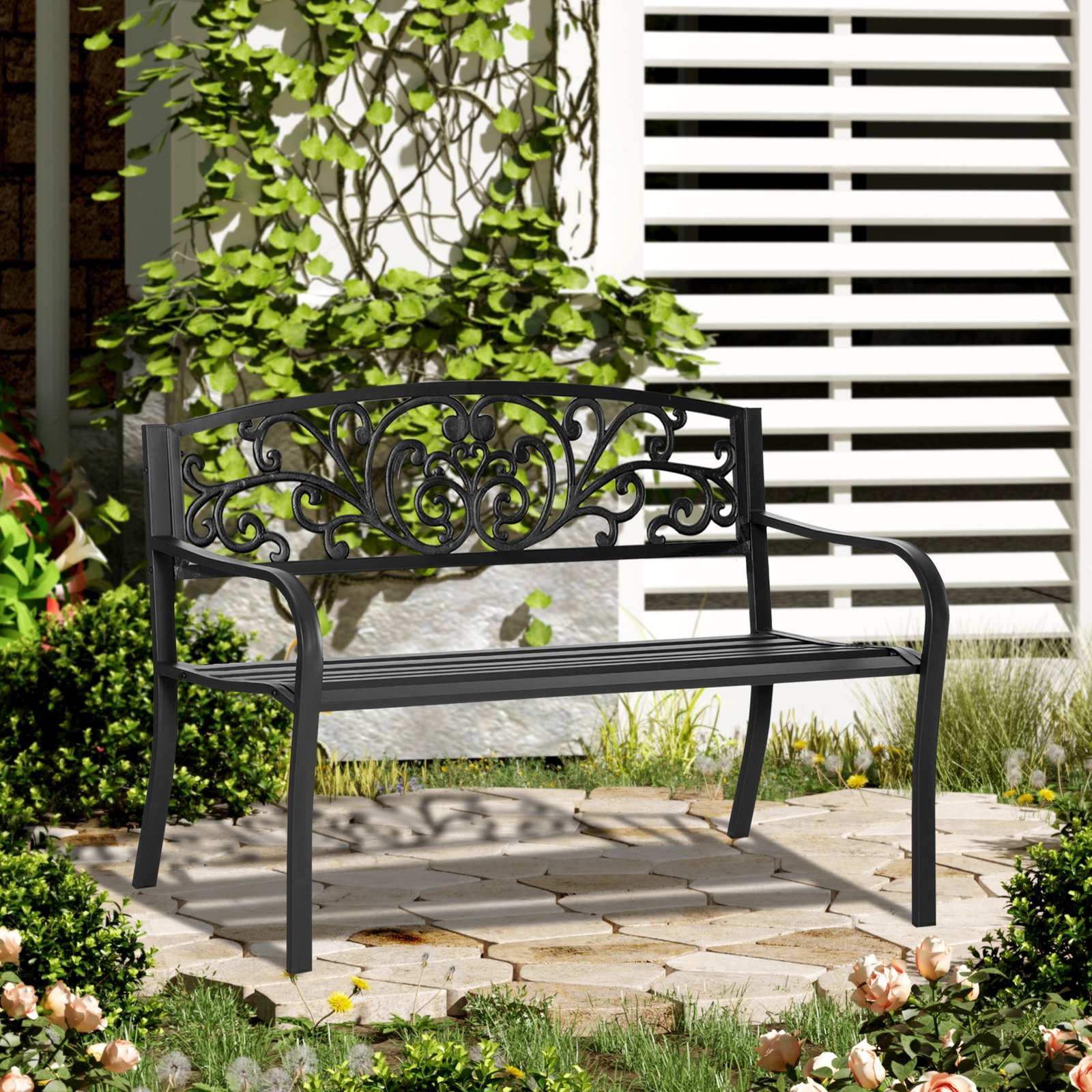 Outsunny 2-Seater Garden Bench, Steel-Black - Image 2