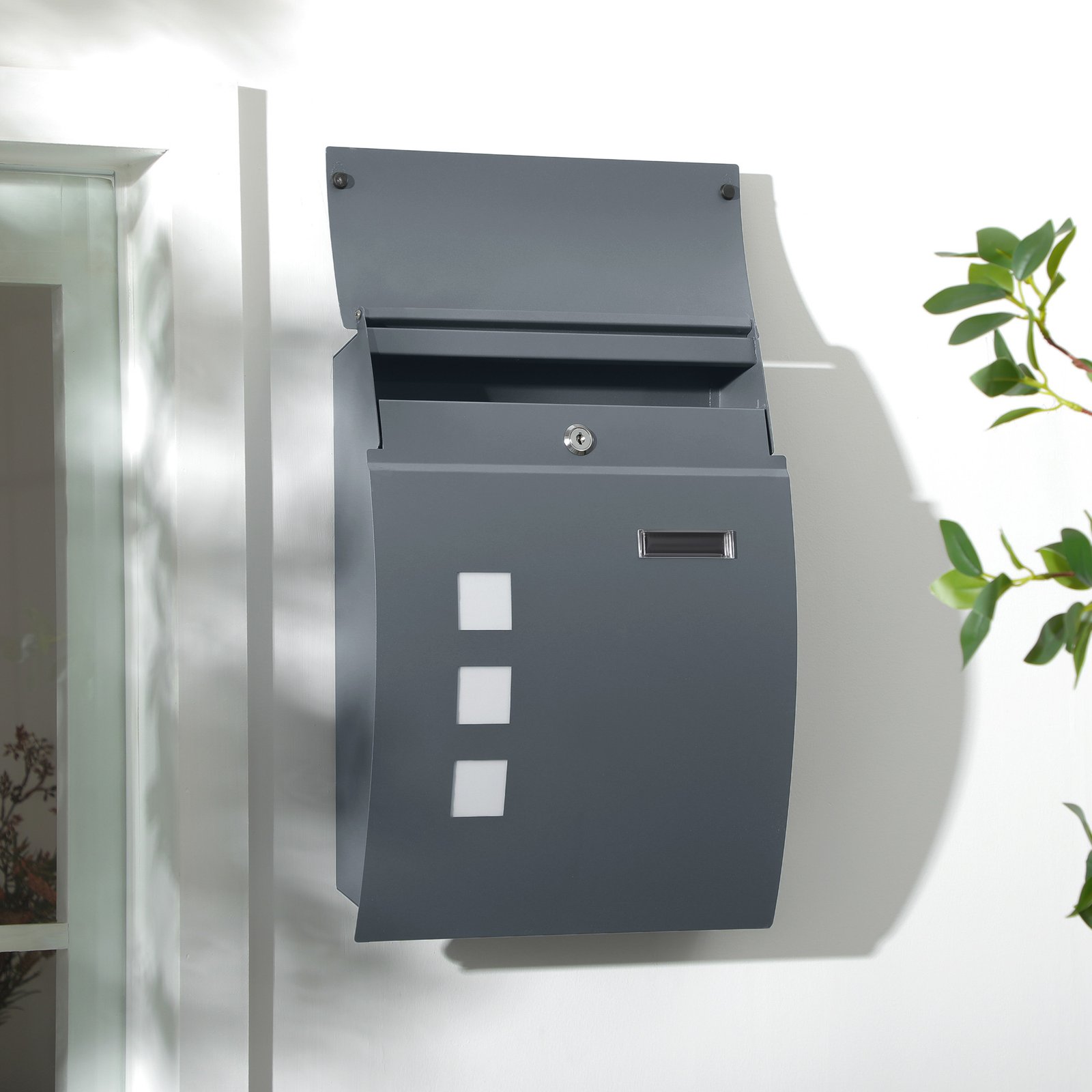 HOMCOM Wall Mounted Letter Box, Weatherproof Post Box for Outside Wall, Modern Mailbox with 2 Keys and Nameplate, Anthracite Grey - Image 2