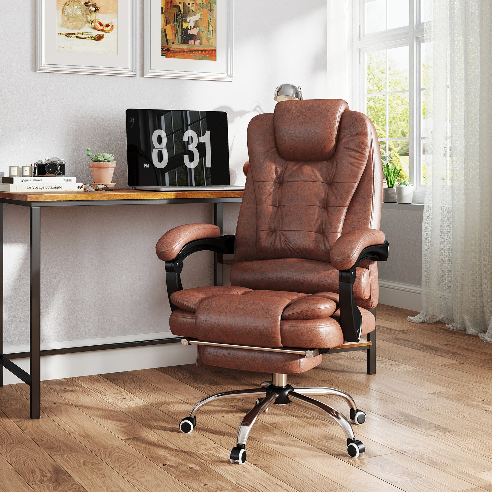 Vinsetto Heated 6 Points Vibration Massage Executive Office Chair Adjustable Swivel Ergonomic High Back Desk Chair Recliner with Footrest Brown - Image 2