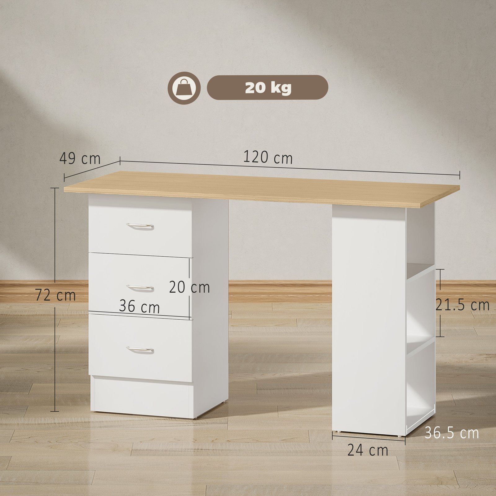 HOMCOM Computer Desk with Drawers, Home Office Desk, Writing Table, PC Workstation with 3 Storage Shelves for Working, Study, 120 x 49 x 72 cm, Natural Wood Finish and White - Image 3