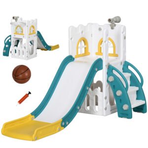 AIYAPLAY 5 in 1 Toddler Slide with Basketball Hoop, Climber, Telescope, Storage Basket, for Ages 1-3 Years, Yellow