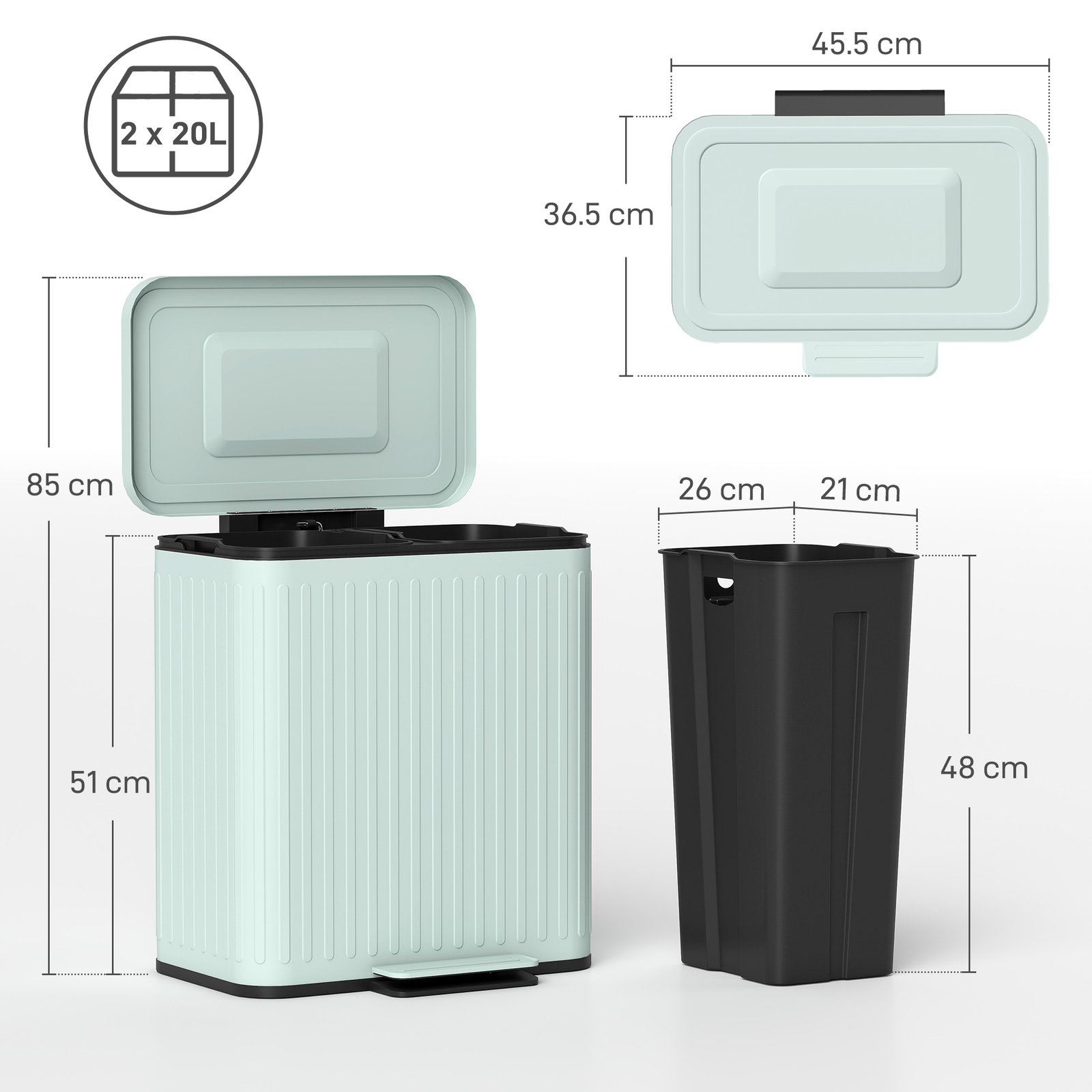 HOMCOM Dual Kitchen Bin, 2 x 20L Double Bin for Recycling and Waste, Fingerprint-proof Pedal Bin with Soft-Close Lid, Removable Inner Buckets, Green - Image 3