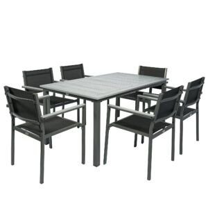 Outsunny Garden Dining Set with Acacia Wood Table Top, Outdoor Table and Stackable Chairs Set for 6 with Texteline Seat, Grey