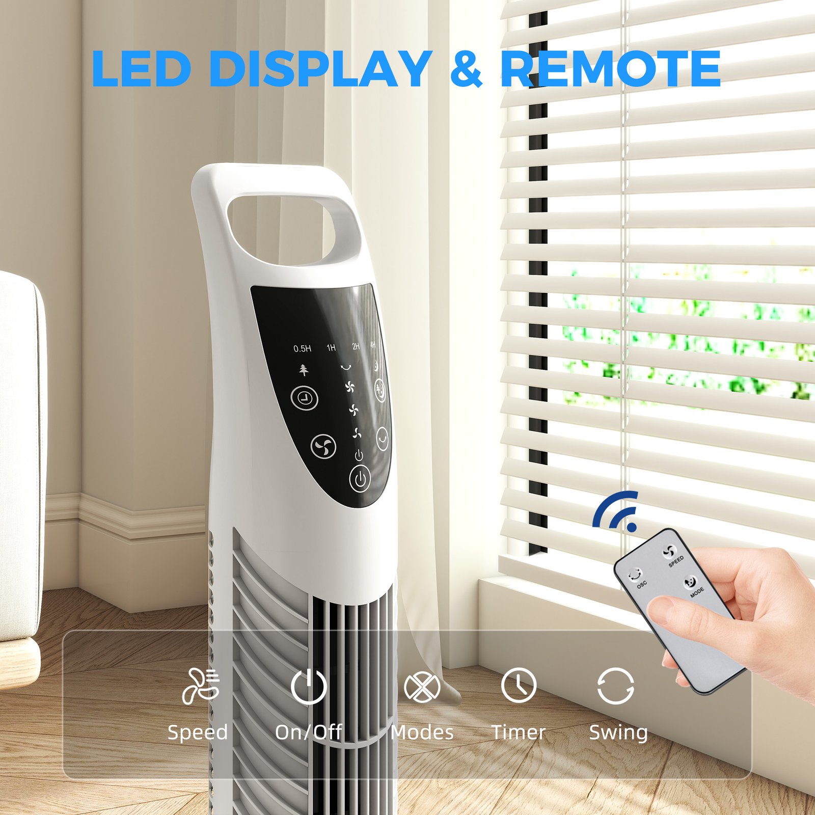 HOMCOM Tower Fan Oscillating 3 Speeds 3 Winds 40W w/ RC Timer Quiet - White - Image 6