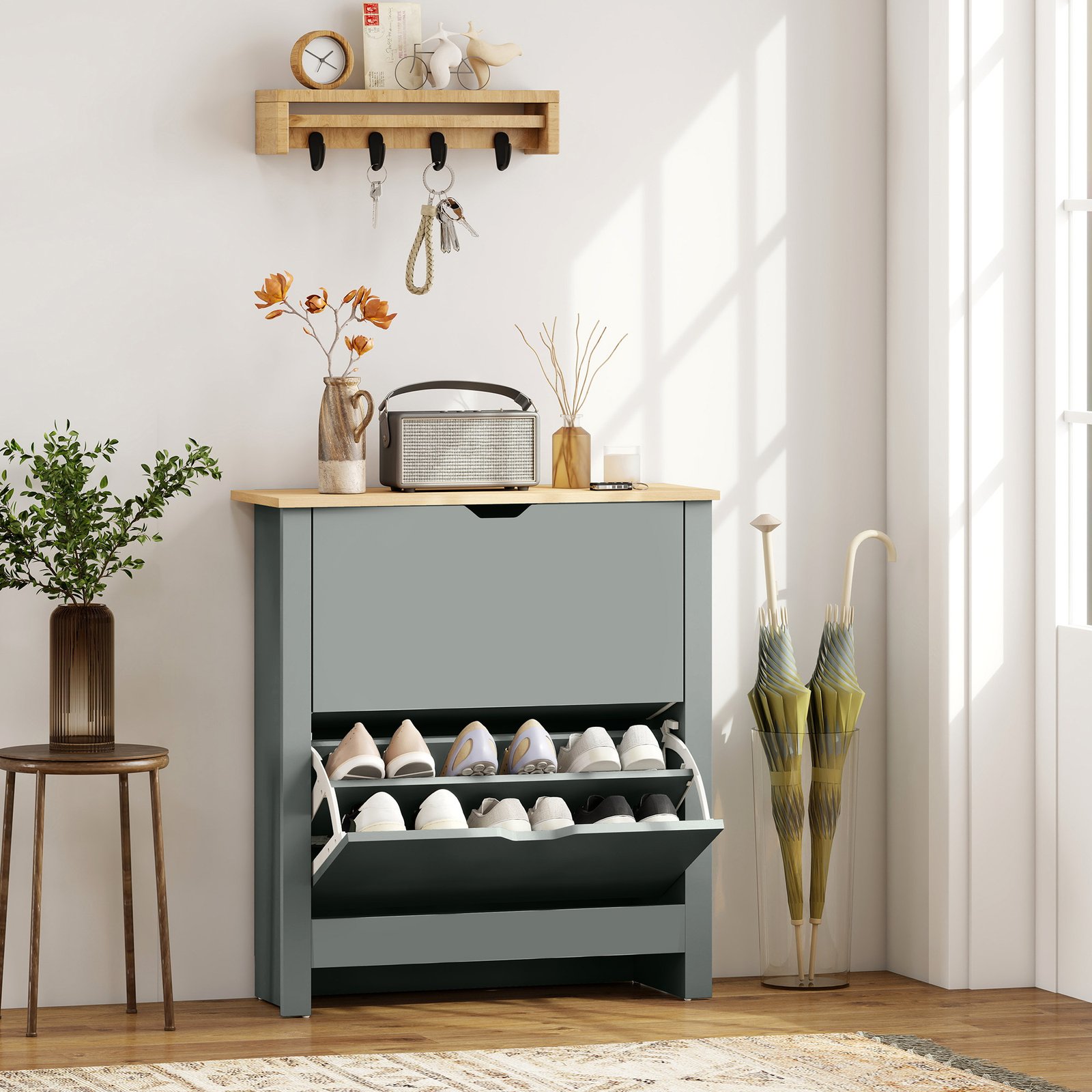 HOMCOM Slim Shoe Cabinet, Narrow Shoe Cupboard with 2 Flip Drawers, Adjustable Shelves for 12 Pairs of Shoes, Light Grey - Image 2