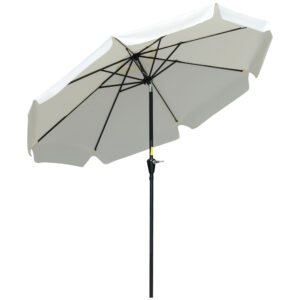 Outsunny 2.7m Patio Parasol Garden Umbrellas with Aluminium Pole, UPF 50+ Outdoor Sun Shade Table Umbrella with Tilt, Crank, 8 Ribs, Ruffles, White