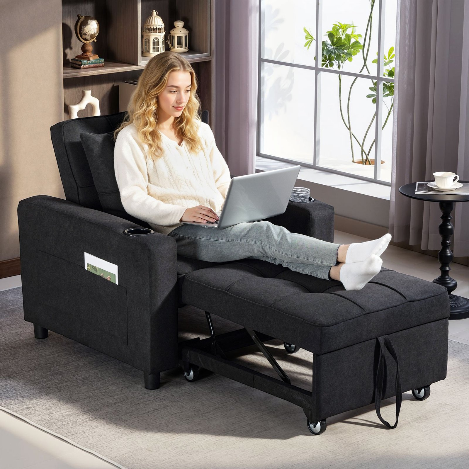 HOMCOM 3-in-1 Single Sofa Bed, Convertible Sleeper Chair Bed - Black - Image 2