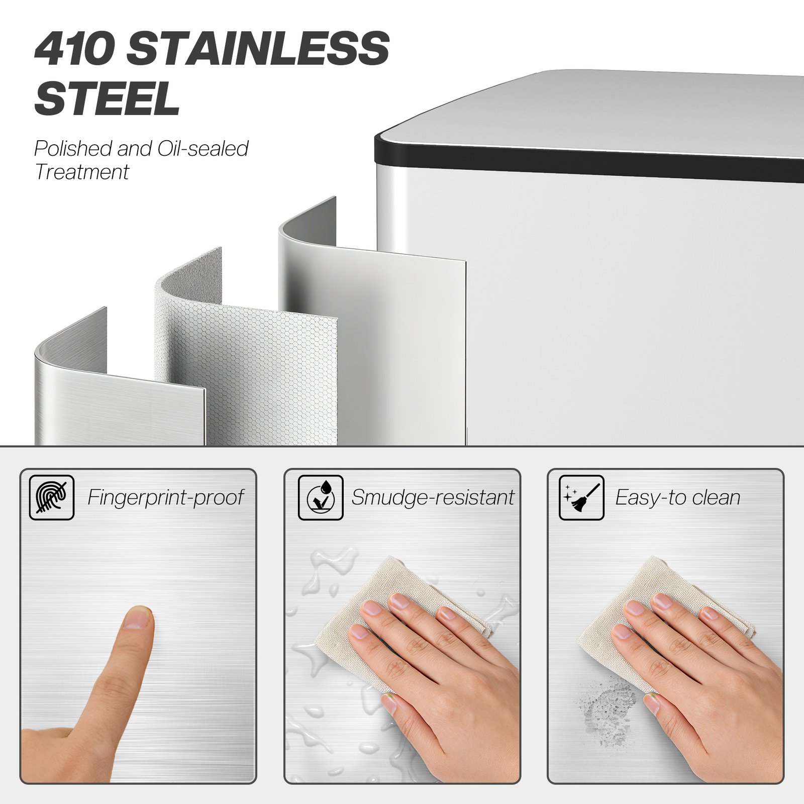 HOMCOM 50L Dual Compartment Stainless Steel Bin, with Deodoriser Holders - Silver - Image 5