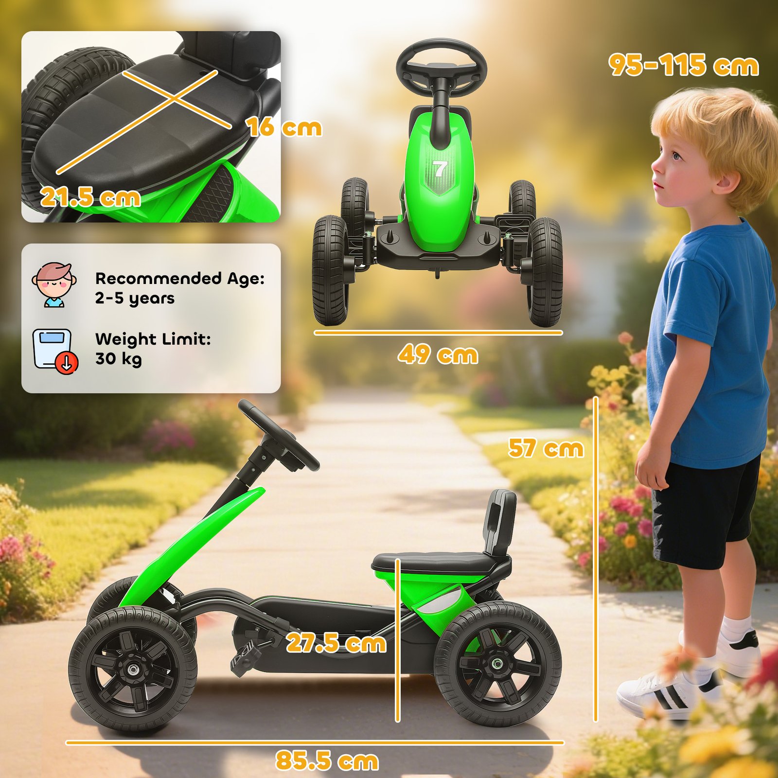 AIYAPLAY Pedal Go Kart for Kids 2-5 Years, with Silent EVA Wheels, Metal Frame, Green - Image 3