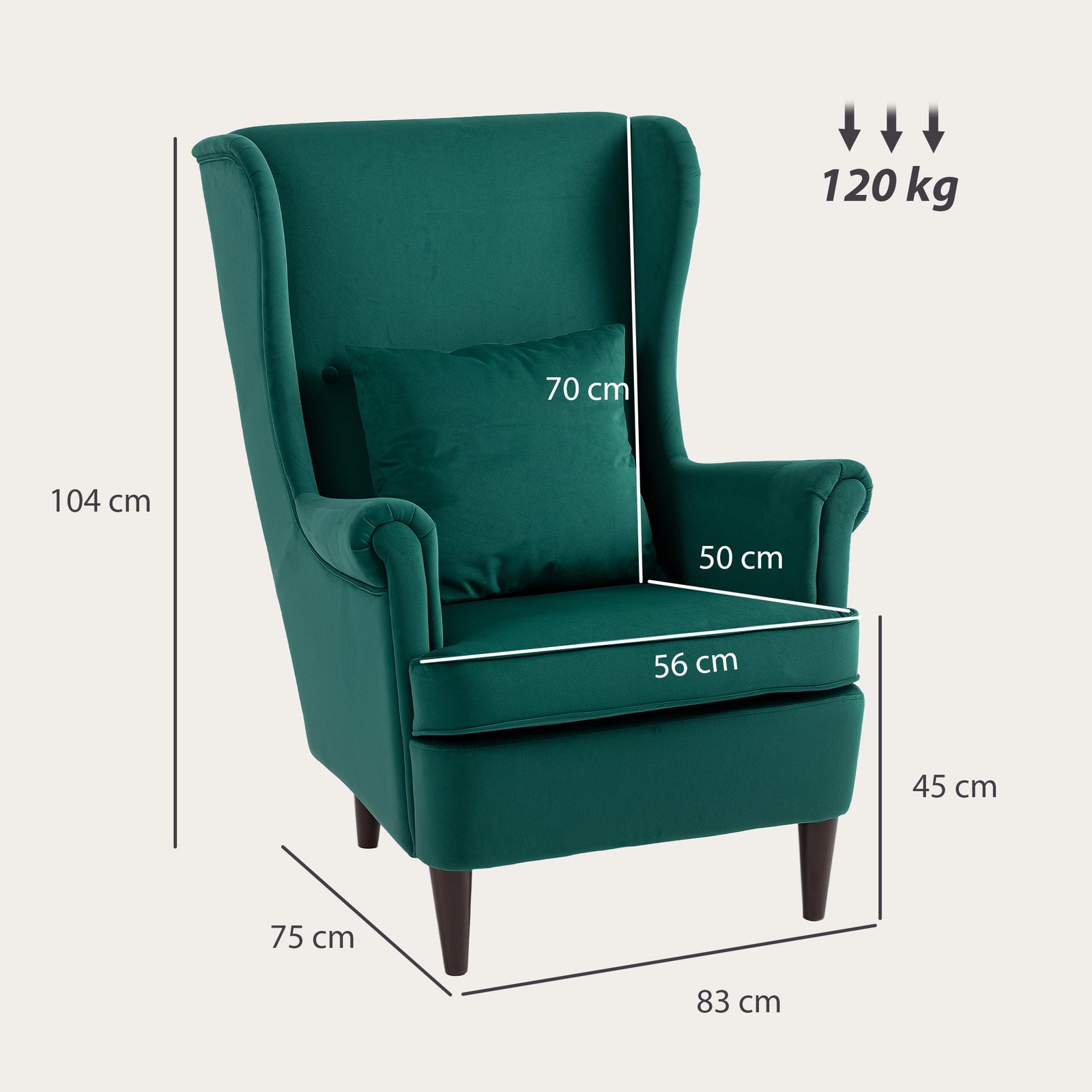 HOMCOM Modern Accent Chair, Upholstered Wingback Armchair with High Backrest and Pillow, Velvet-Feel Fabric Reading Chair with Solid Wood Legs for Living Room, Bedroom, Home Office, Dark Green - Image 3