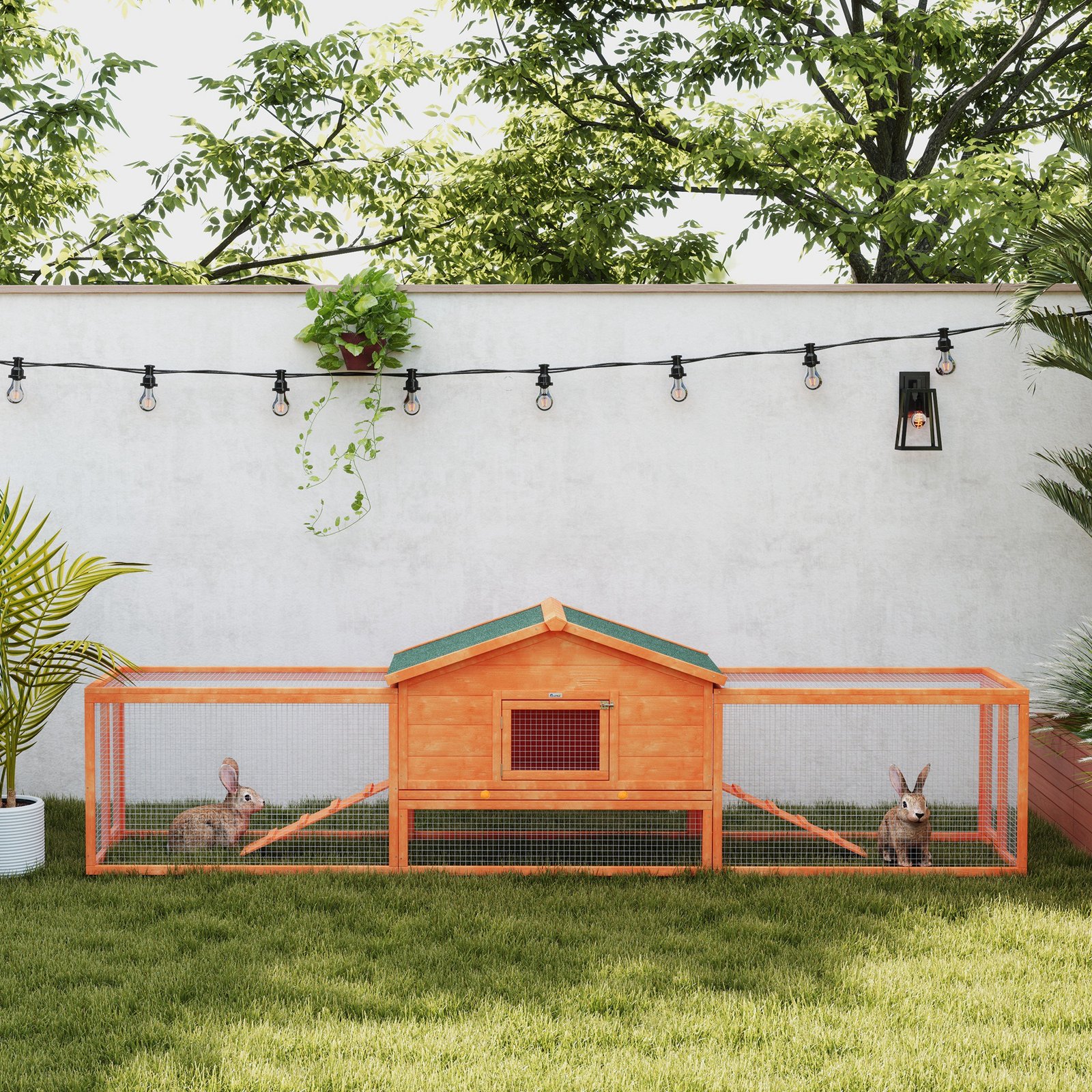 PawHut Wooden Rabbit Hutch with Run, Tray, Ramps, Asphalt Roof, 309 x 70 x 87cm, Orange - Image 8