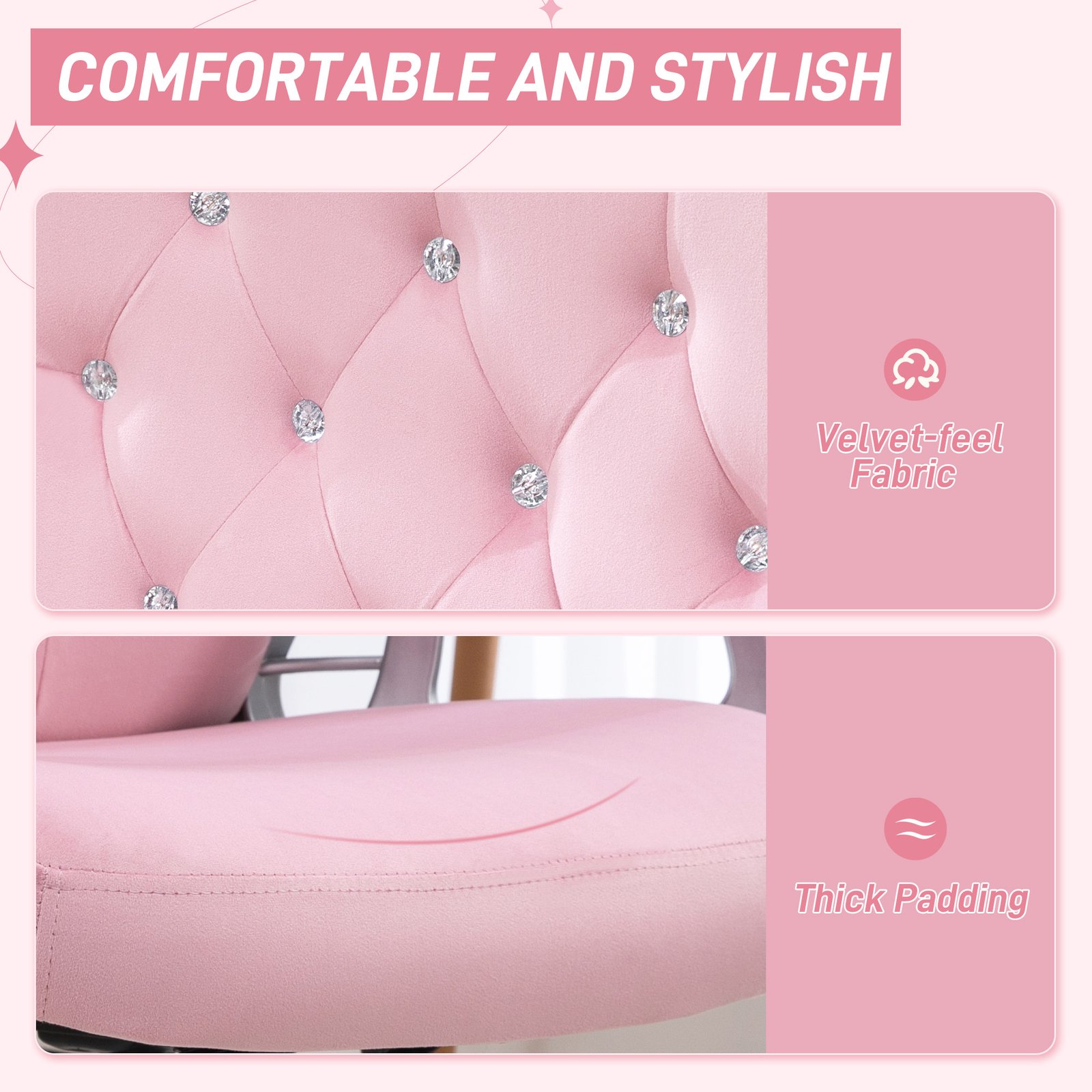 Vinsetto Velvet-Feel Work Chair, with Diamante Back - Pink - Image 4