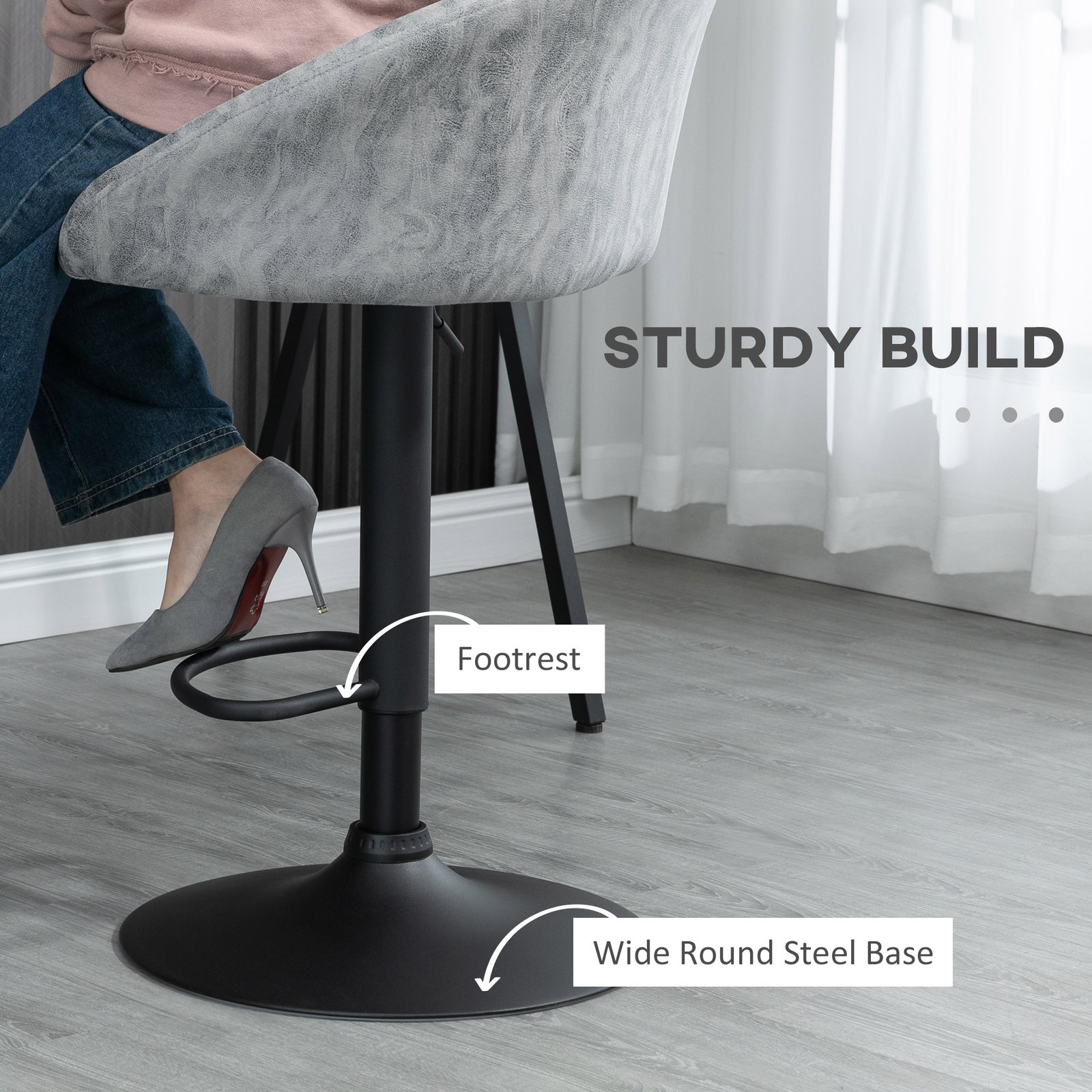 HOMCOM Modern Bar Stools Set of 2, Height Adjustable Swivel Barstools, PU Leather Upholstered Bar Chair with Backrest, Armrests and Footrest for Breakfast Bar, Counter, Kitchen, Light Grey - Image 6