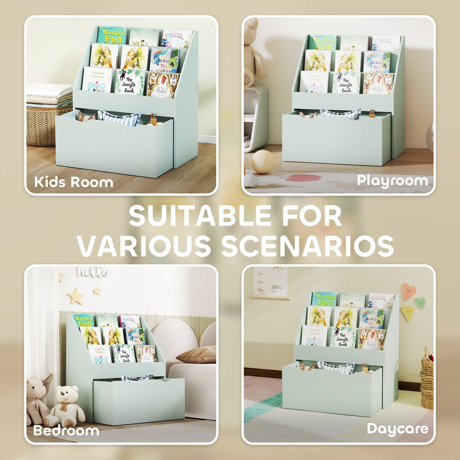 AIYAPLAY Bookcase for Kids with Shelves, Drawer, Bookcase for Bedroom, Playroom, Green - Image 7