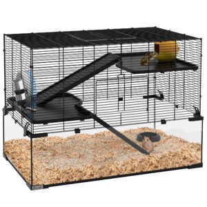 PawHut 3 Tiers Hamster Cage, Gerbil Cage with Deep Glass Bottom, Non-Slip Ramps, Platforms, Hut, Exercise Wheels, Water Bottle, Dish, for Syrian Hamster, Dwarf Hamster, 76.5 x 48.5 x 54.5cm