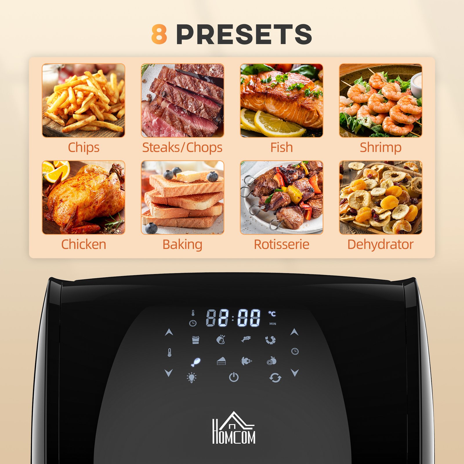 HOMCOM 12L 8 in 1 Digital Air Fryer Oven with Roast, Bake, Dehydrate, 8 Preset Modes, Rapid Air Circulation, Timer, Inner Light, Memory Function, 1800W, Dish Wash Accessory, Black - Image 8