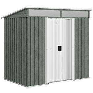 Outsunny 6.5 x 4FT Galvanised Metal Shed with Foundation Kit, Lockable Tool Garden Shed with Double Sliding Doors, Vents, Light Grey Wood Effect