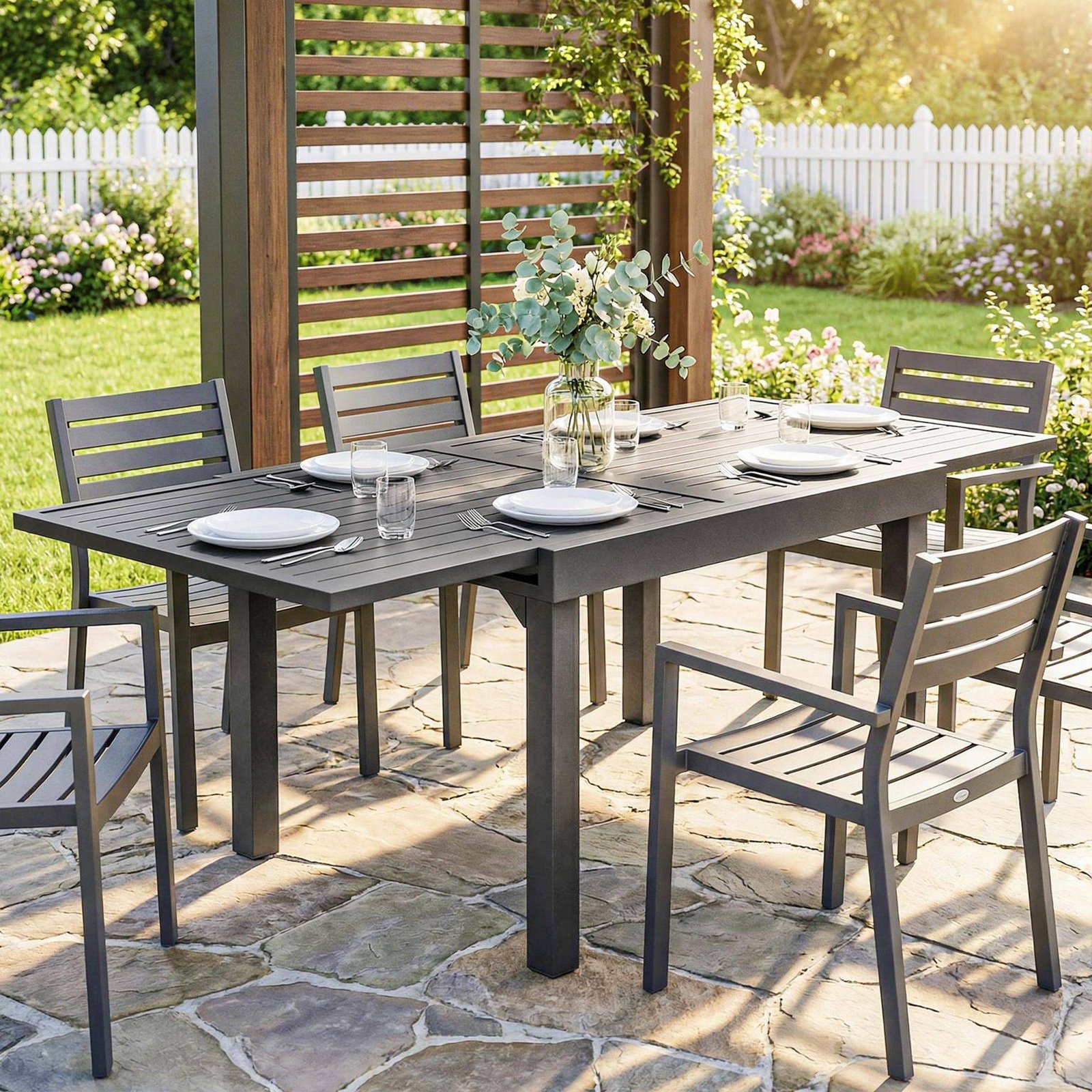 Outsunny Extending Garden Table for 4-8 People, Aluminium Outdoor Dining Table with Slatted Top, Dark Grey - Image 9