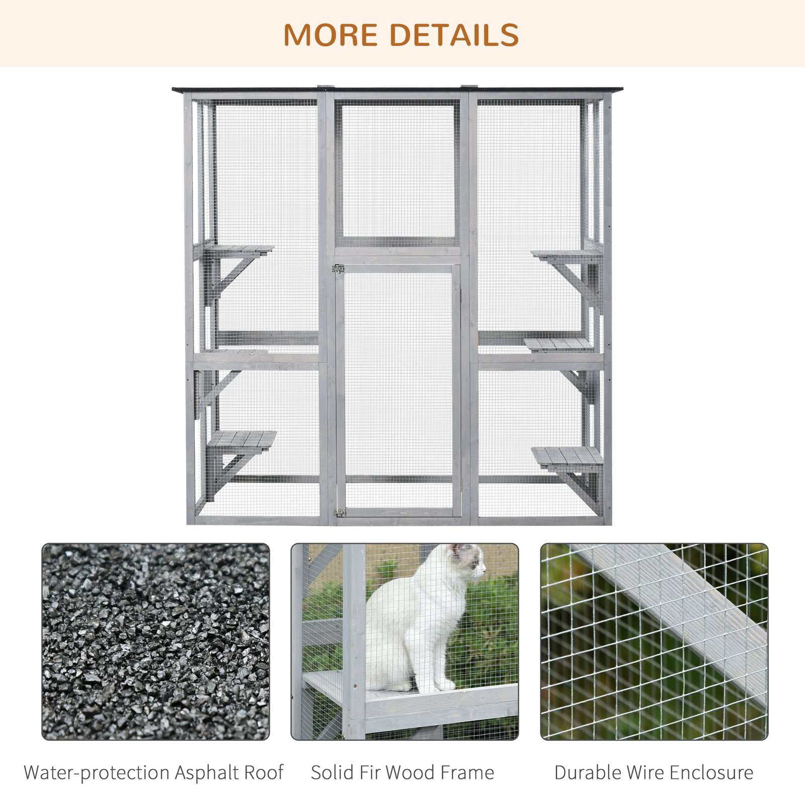 PawHut Wooden Catio Cat Outdoor Enclosure, Cat Cage with Waterproof Roof, Platforms, for Multiple Kittens, 180 x 98 x 180 cm - Image 5