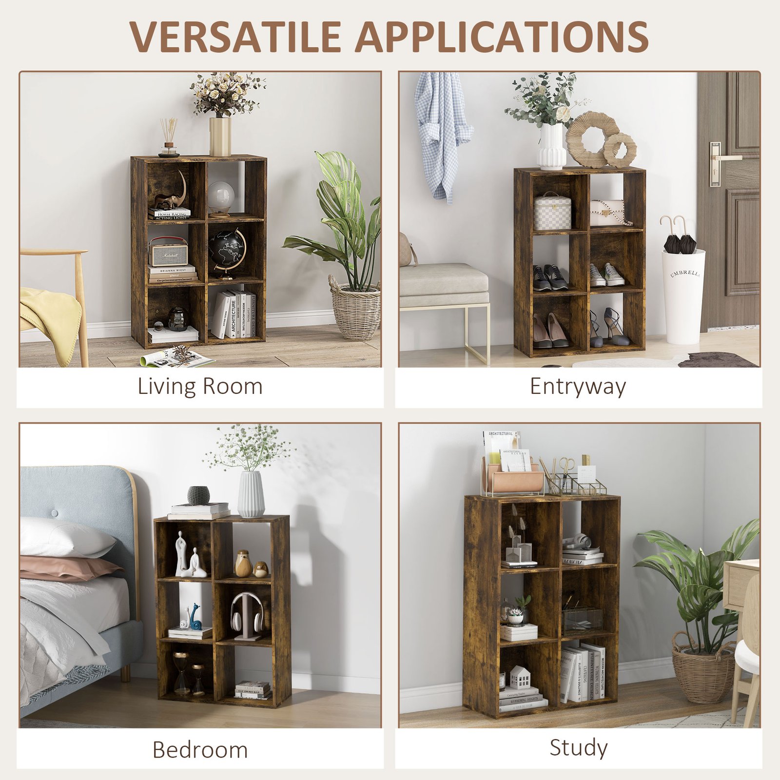 HOMCOM 6-Cube Bookshelf - Rustic Brown - Image 6