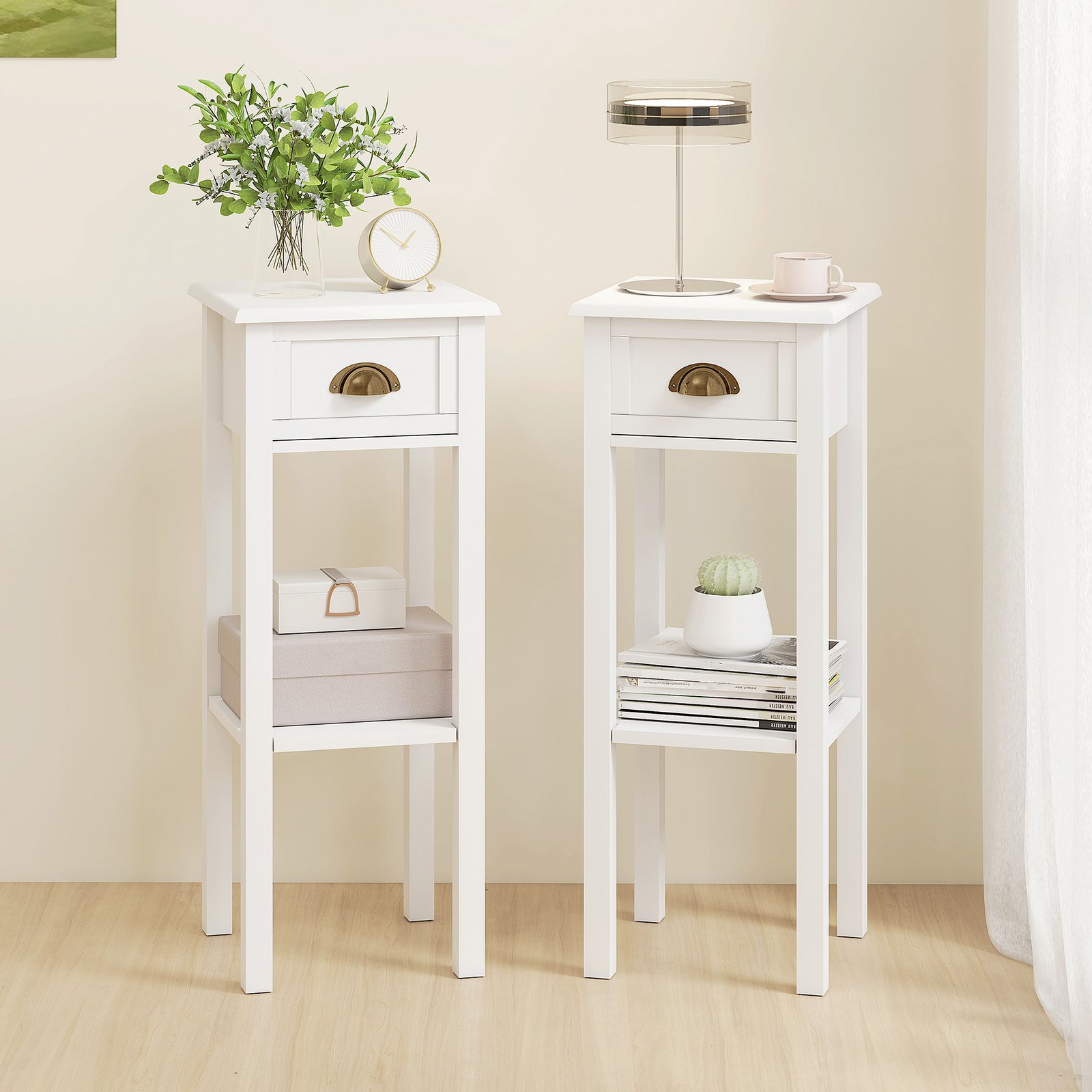 HOMCOM 2-Tier Side Tables Set of 2 with Drawer and Shelf, 2 Pieces Bedside Tables for Living Room and Hallway, White - Image 2