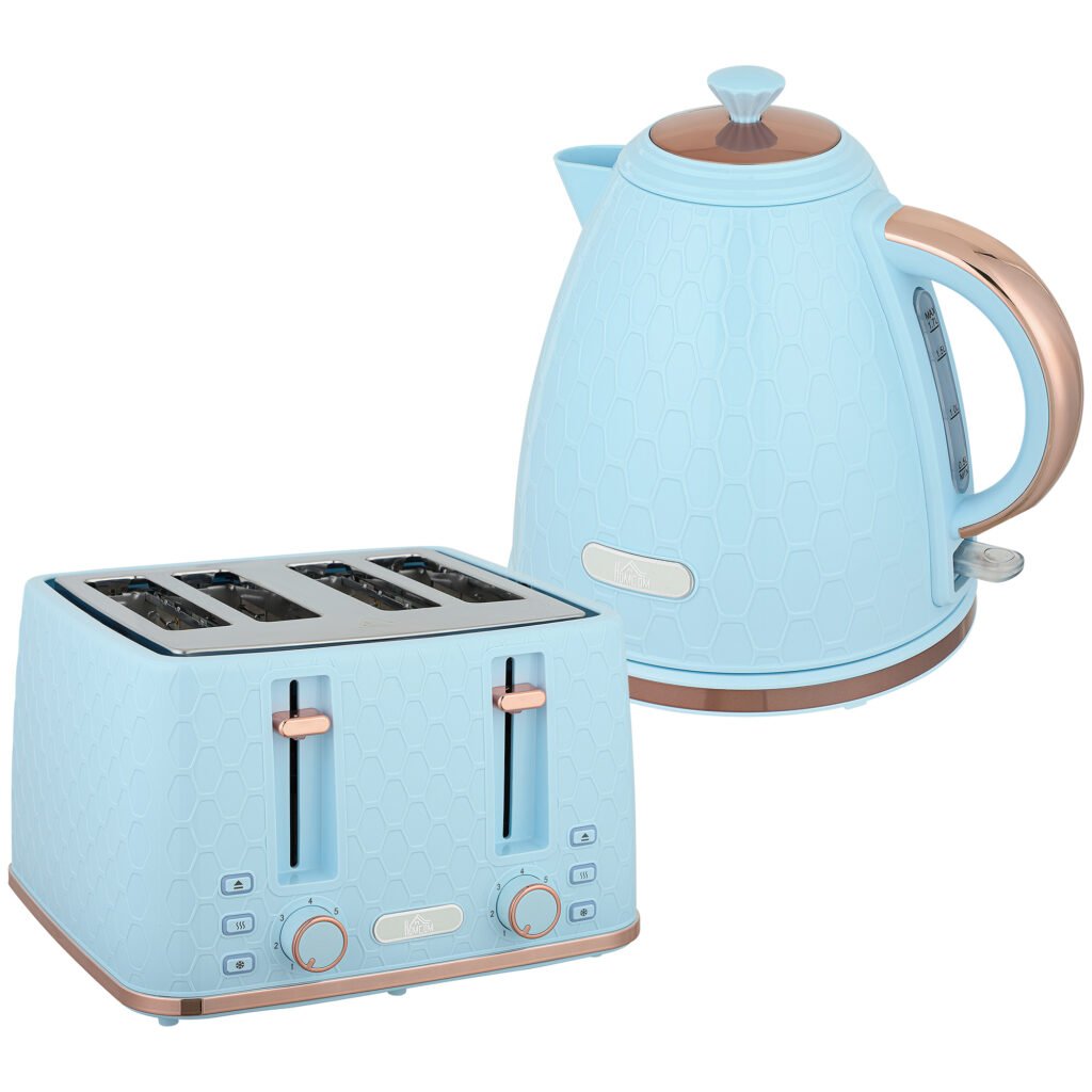 HOMCOM Kettle and Toaster Set, 1.7L 3000W Fast Boil Jug Kettle, 4 Slice Toaster with 7 Level Browning Controls, Light Blue HOMCOM Kettle and Toaster Set, 1.7L 3000W Fast Boil Jug Kettle, 4 Slice Toaster with 7 Level Browning Controls, Light Blue
