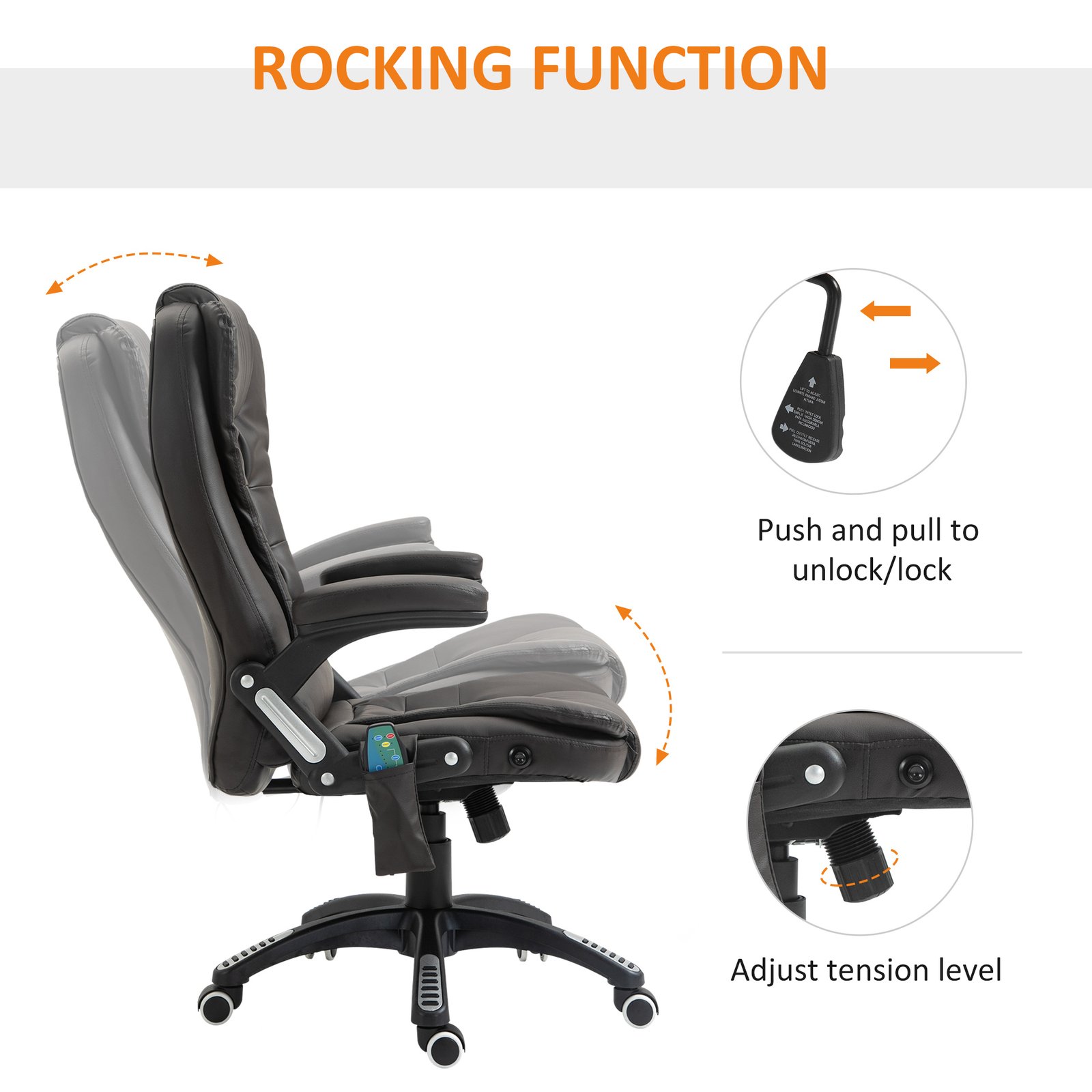 HOMCOM 6-Point Massage Office Chair with Seat Heated for Home Office, PU Leather High Back Executive Desk Chair with Adjustable Height and 360° Swivel for Work Study, Brown - Image 6