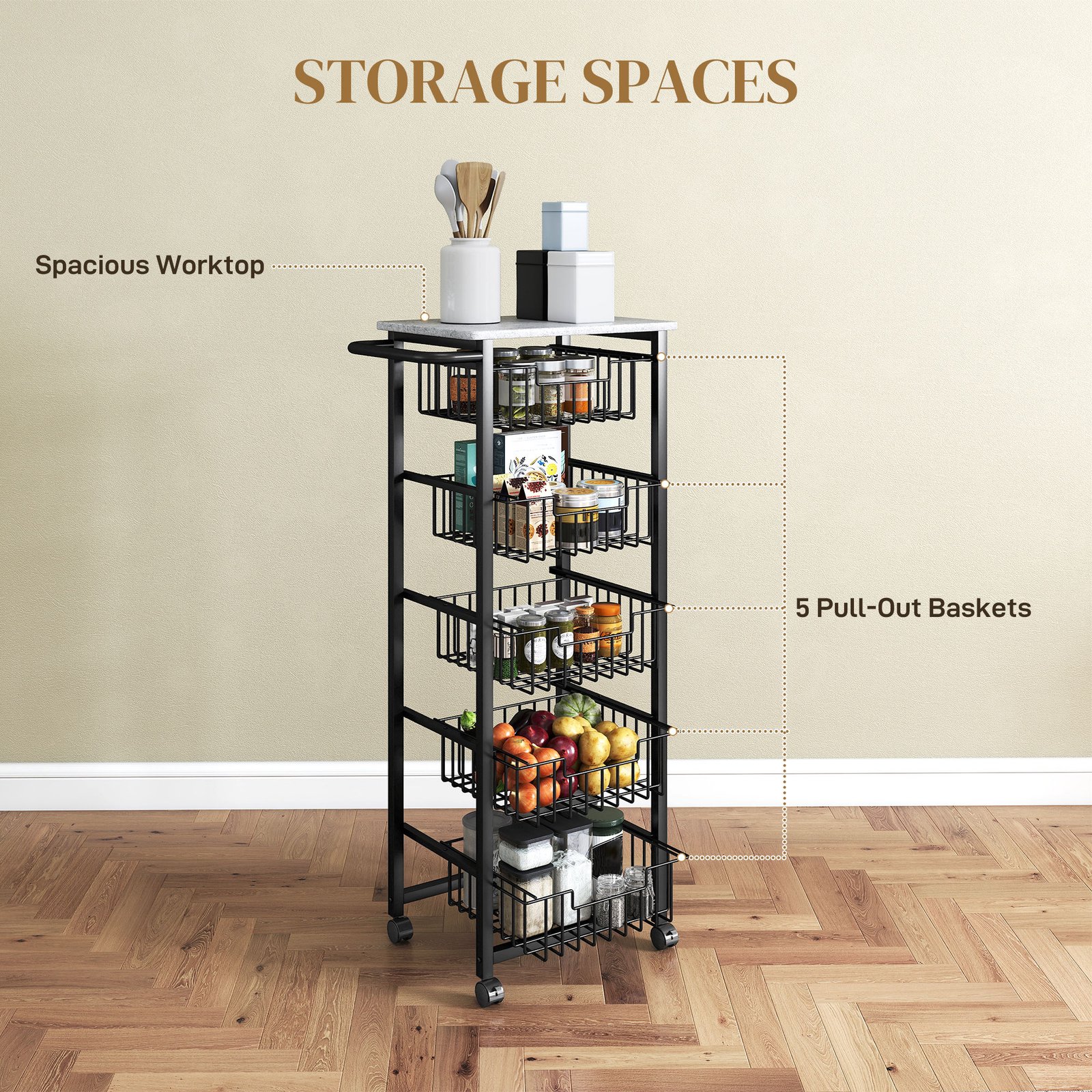 HOMCOM Five Basket Mobile Kitchen Island, with Brakes - Grey/Black - Image 4