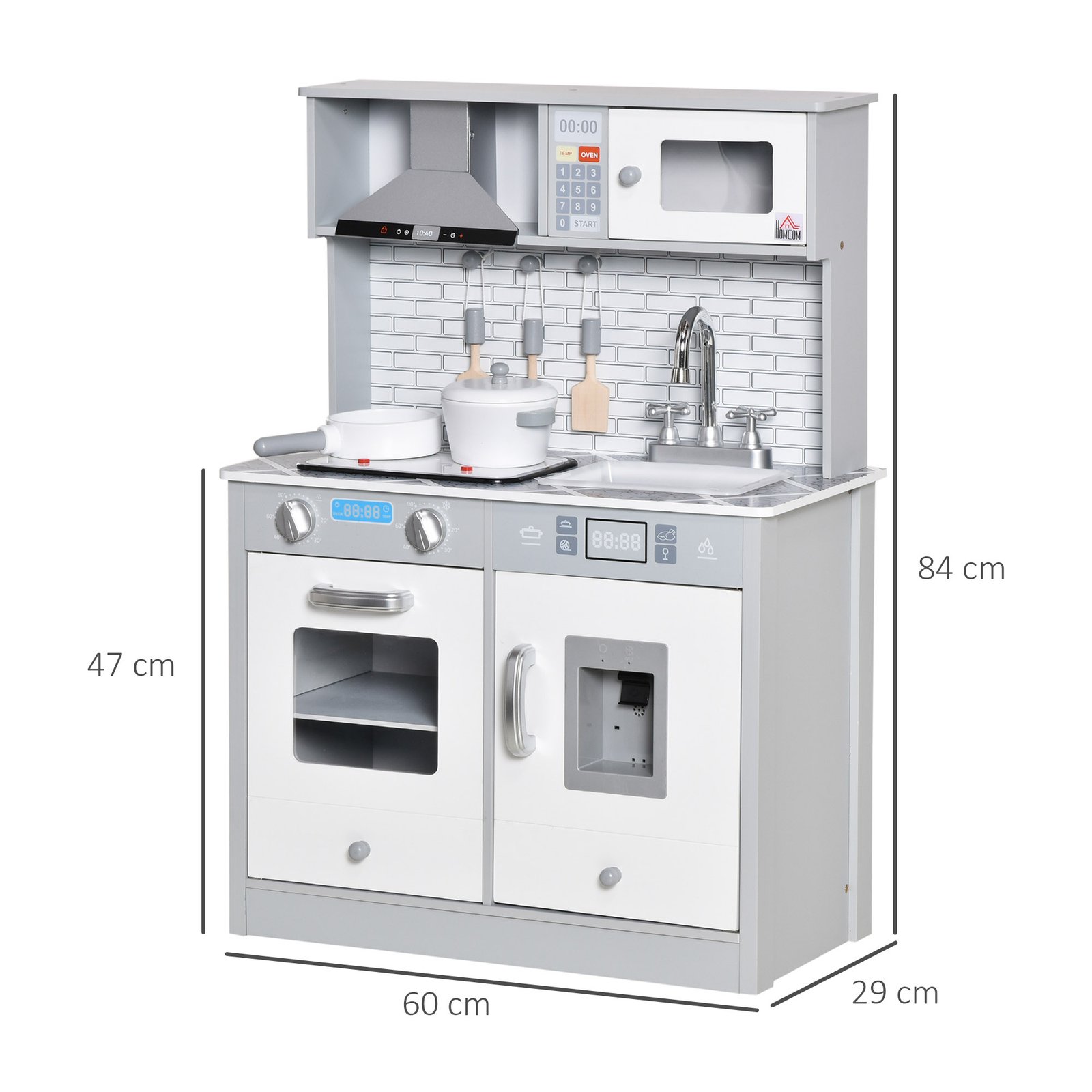 HOMCOM Kids Wooden Toy Kitchen Pretend Play Cooking Playset w/ Sound & Light Effect, Battery Operated Cooktop, Ice Machine, Marble Pattern Countertop, for 3-6 Years Old - Image 3