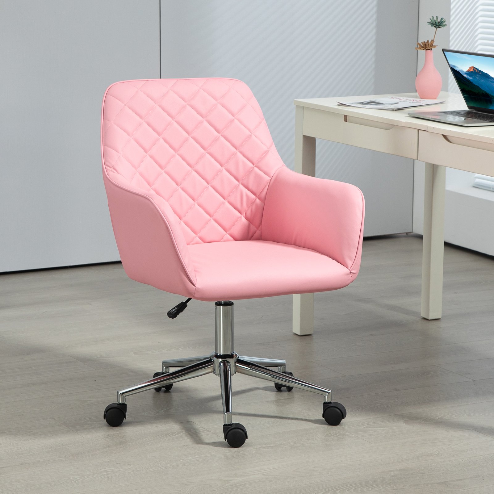Vinsetto Office Desk Chair, Leather-Feel Fabric Computer Swivel Chair with Rolling Wheels and Adjustable Height for Home, Pink - Image 2