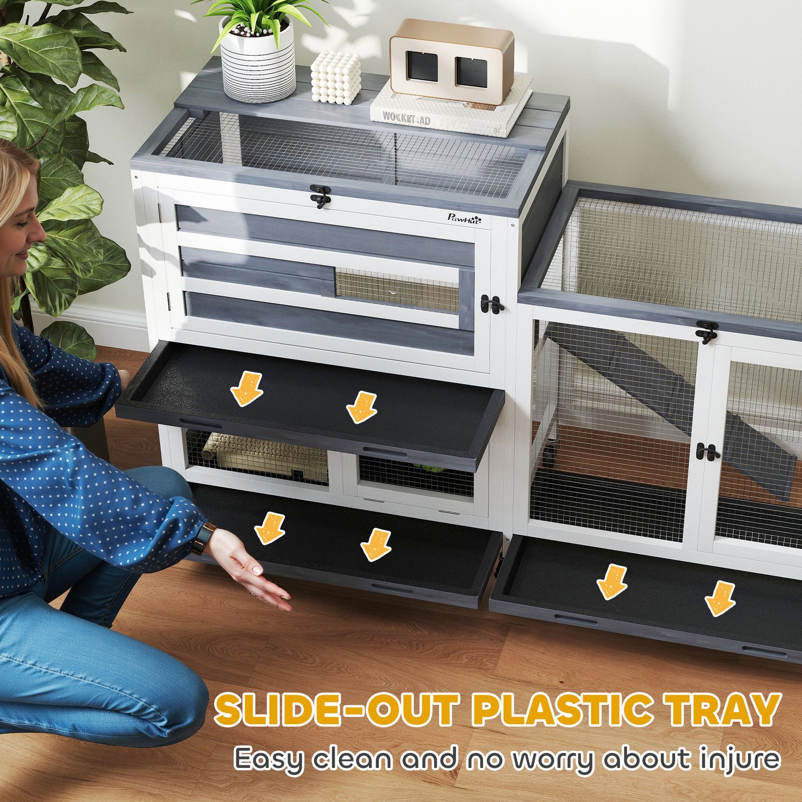 PawHut Wooden Rabbit Hutch with Run, 2-Tier Guinea Pig Hutch with Run, Wheels, 3 Plastic Trays, 2 Openable Top, for 2-3 Rabbits - Image 5