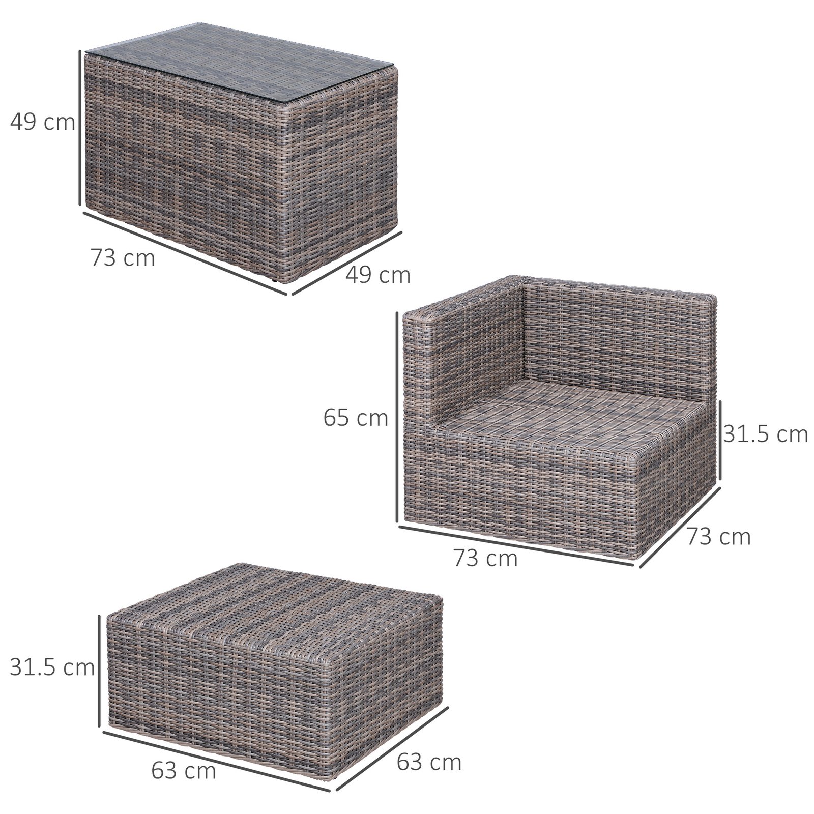 Outsunny 5 Piece Rattan Garden Furniture Set w/ 10cm Thick Cushions, Aluminium Frame Wicker Outdoor Balcony Sofa Set with Corner Armchairs, Ottomans, and Glass Top Table, Mixed Brown - Image 3