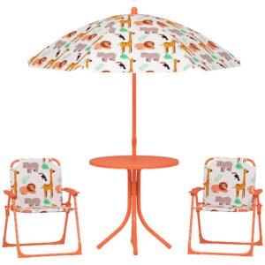 AIYAPLAY Kids Patio Set, Children Table and Chair Set, Outdoor Picnic Table with 2 Folding Chairs and Umbrella, Orange