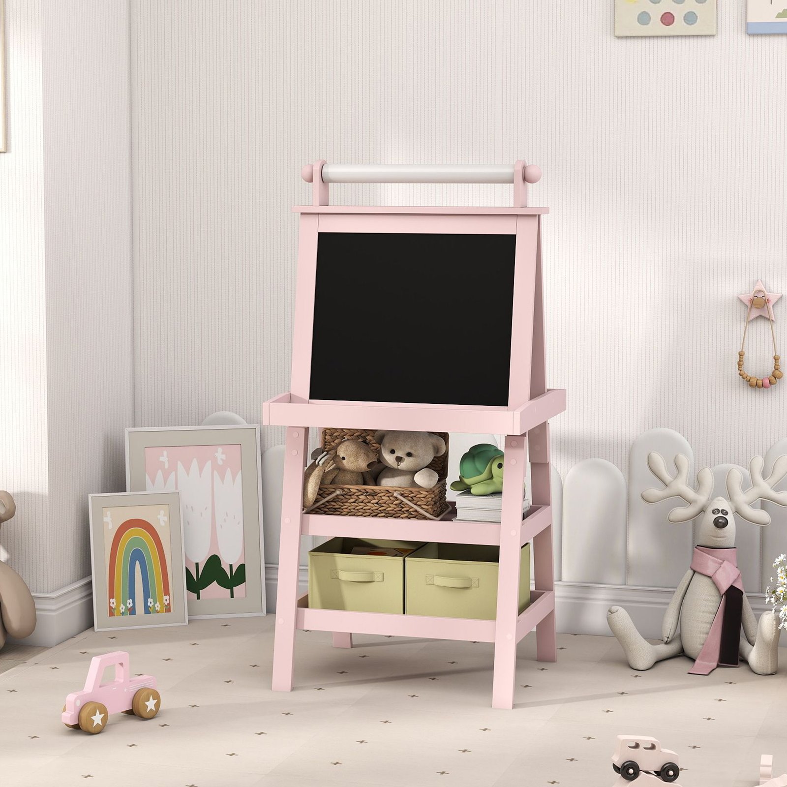 AIYAPLAY 3 in 1 Kids Easel Double-Sided Magnetic Whiteboard and Chalkboard with Paper Roll, Storage Baskets - Pink - Image 8