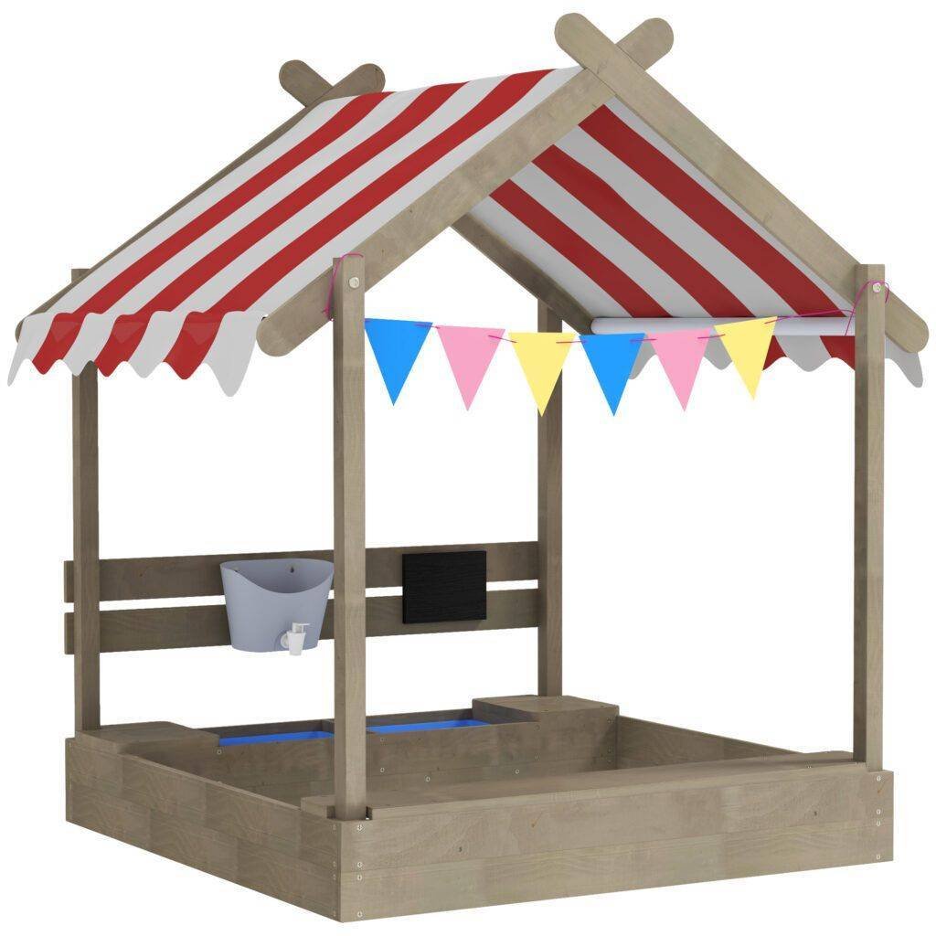 Outsunny House-Designed Wooden Sandbox, Outdoor Sandpit, with Blackboard, Toys, Sink, Seats, Flags, for Ages 3-7 Years – Grey Outsunny House-Designed Wooden Sandbox, Outdoor Sandpit, with Blackboard, Toys, Sink, Seats, Flags, for Ages 3-7 Years – Grey