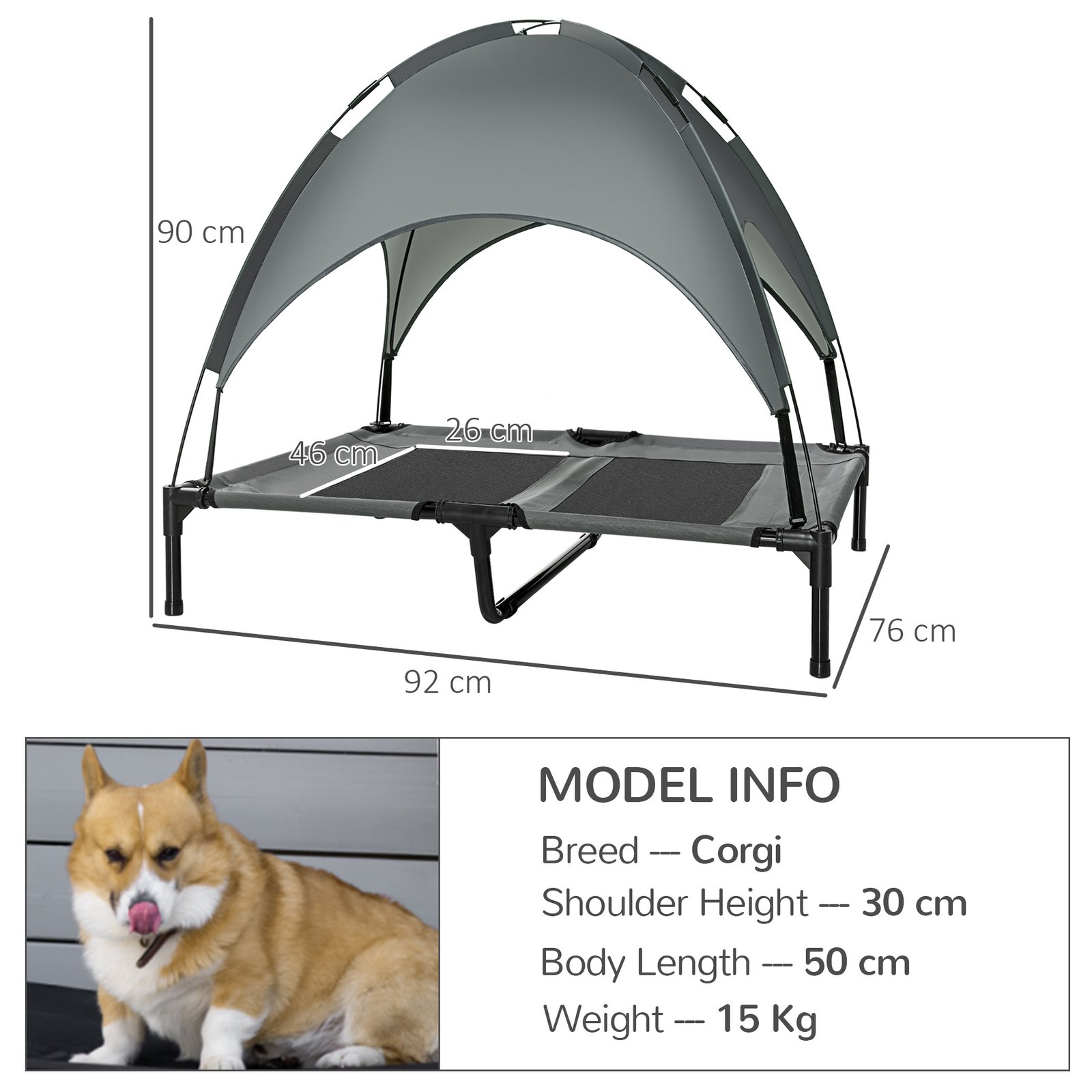 PawHut Outdoor Dog Bed with Removable Canopy, Portable Raised Dog Bed for Camping, Garden & Beach, Water-Resistant UV-Protection Mesh Pet Cot Sun Lounger, for Large Pets, 92 x 76 x 90 cm, Grey - Image 3