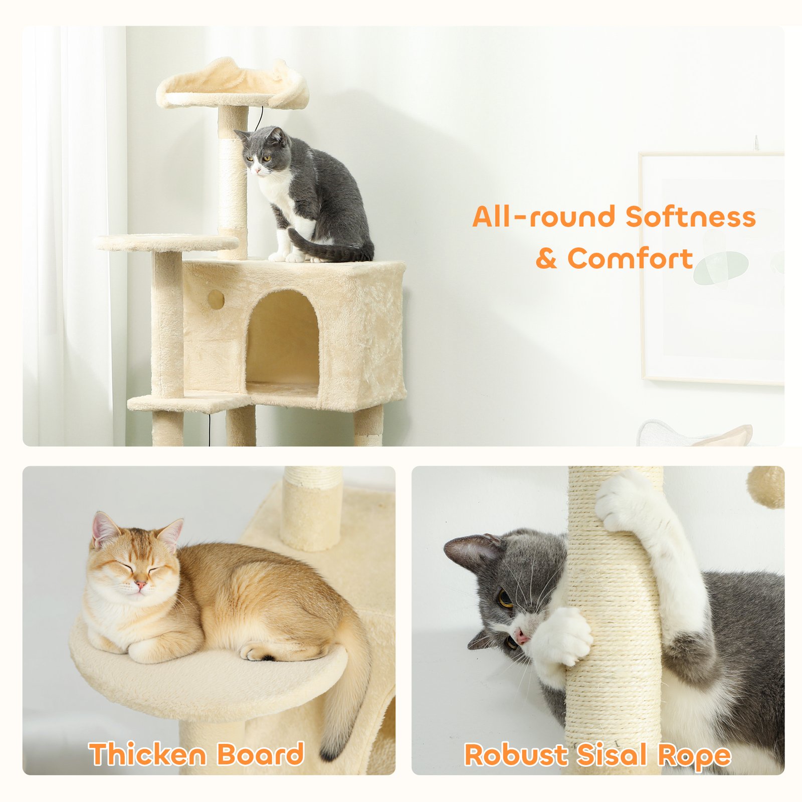 PawHut 140cm Large Cat Tree Tower with Sisal Scratching Posts, Plush Perches, Hammock, Beige - Image 7
