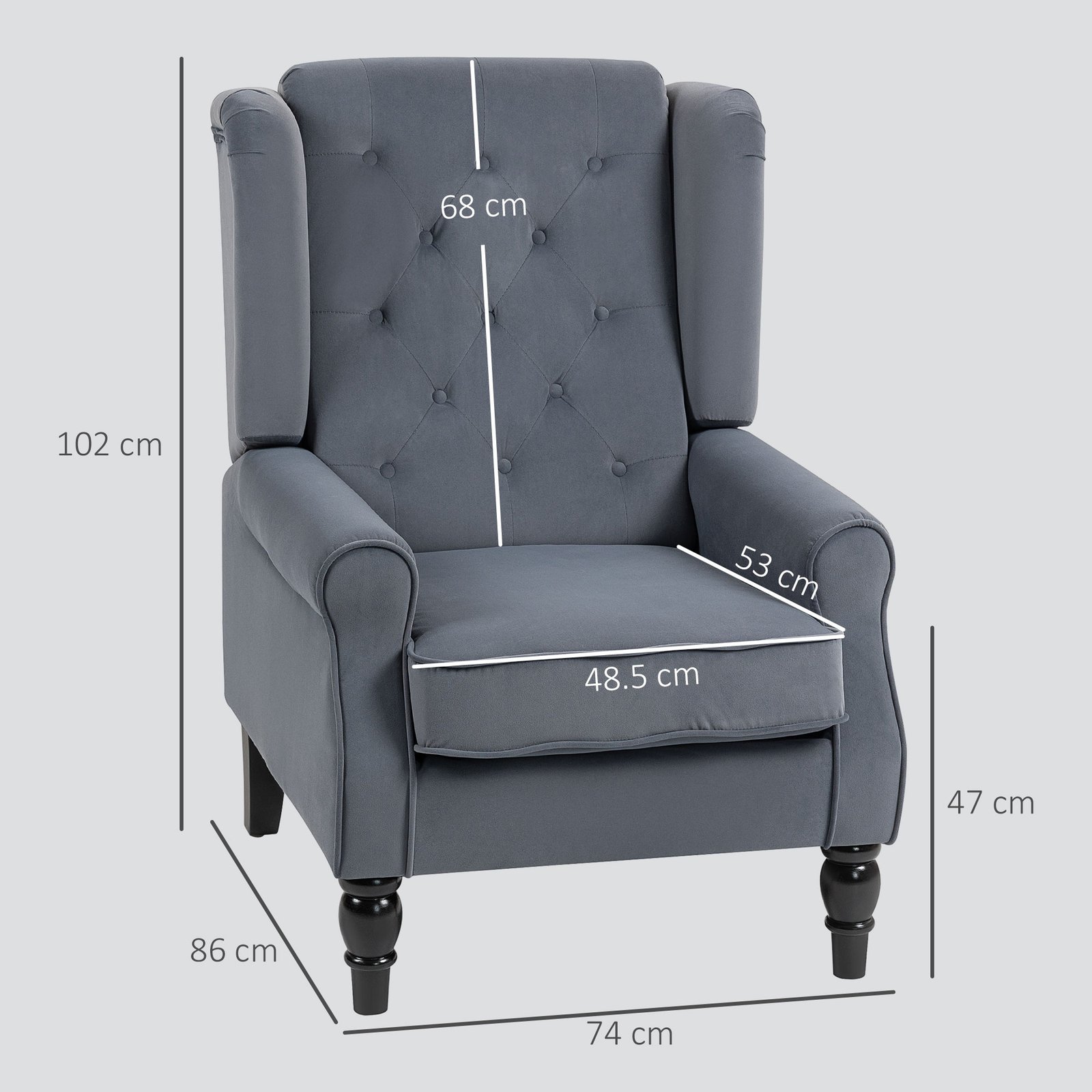 HOMCOM Wingback Accent Chair, Retro Upholstered Button Tufted Occasional Chair for Living Room and Bedroom, Grey - Image 3
