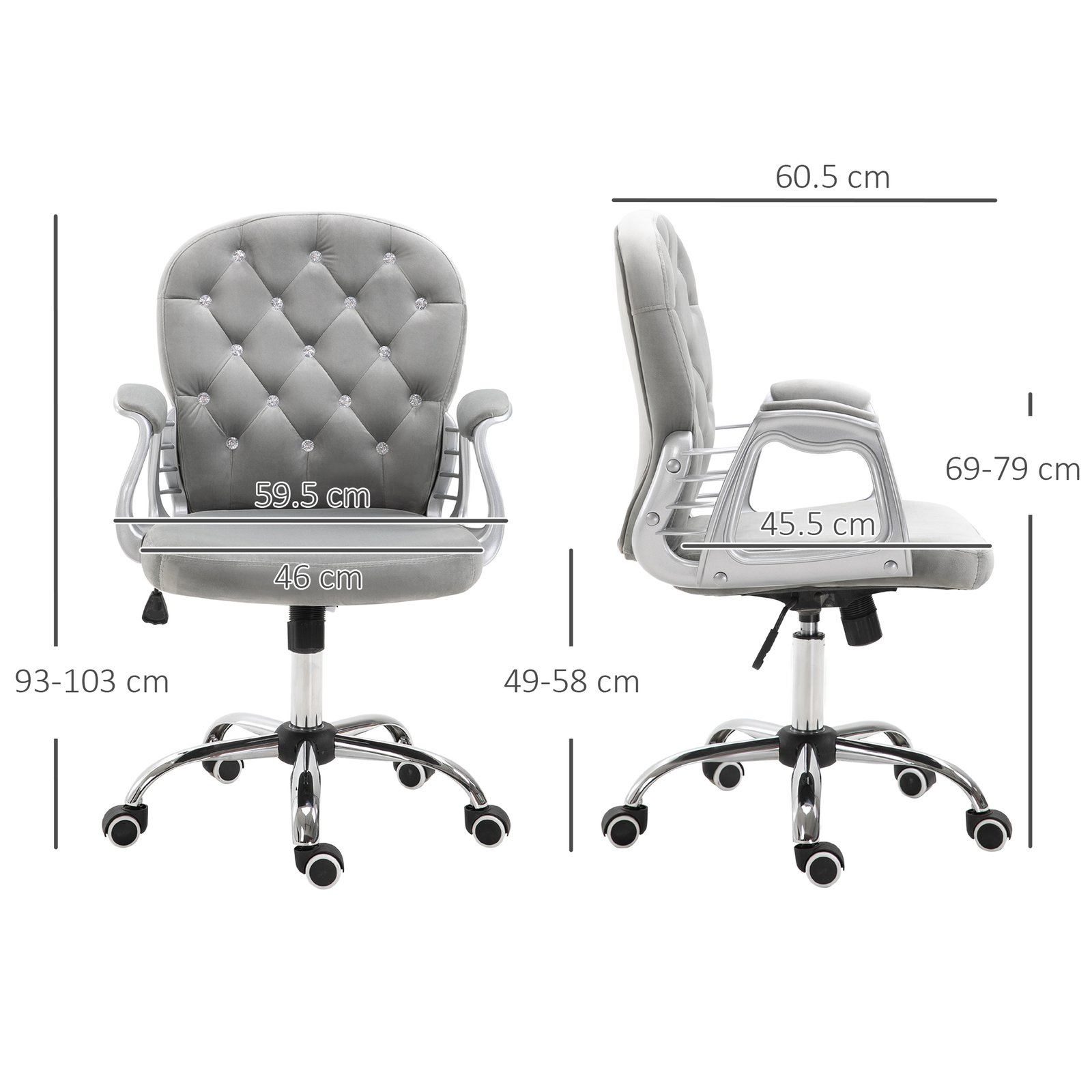 Vinsetto Office Chair, Swivel Desk Chair, Velvet Vanity Chair with Adjustable Height and Rolling Wheels for Home Work Study, Grey - Image 3