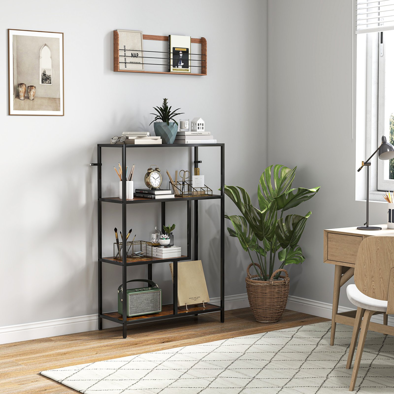 HOMCOM 4-Tier Bookshelf with Open Shelves - Rustic Brown - Image 2