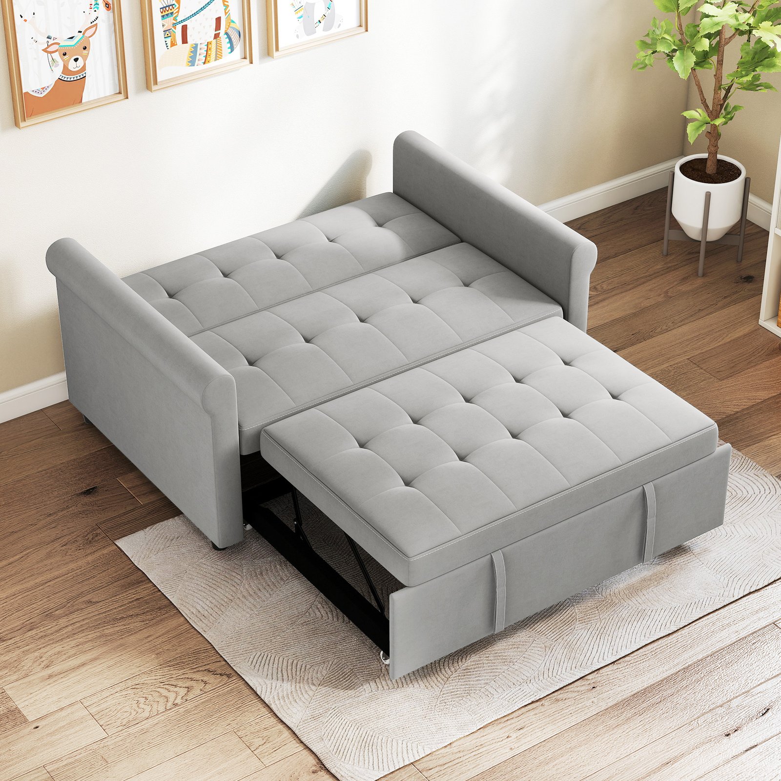 HOMCOM Two-Seater Velvet-Feel Sofa Bed - Grey - Image 8