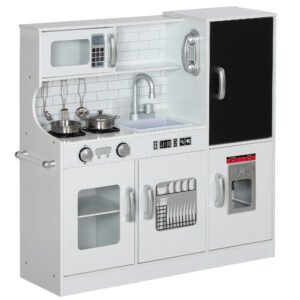 AIYAPLAY Pretend Play Kitchen, Kids Kitchen Playset, with Toy Phone, Chalkboard, Microwave, Cooking Stove, Sink, White