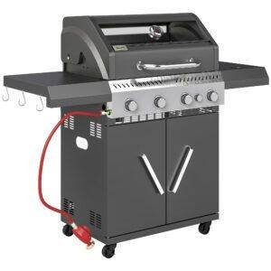 Outsunny 4+1 Burner Gas BBQ Grill with Clear View Lid, Portable Gas Barbecue Grill with Built-in Thermometer, Side Table, Cabinet, Wheels, Grease Tray for Garden Party Outdoor Cooking, Black