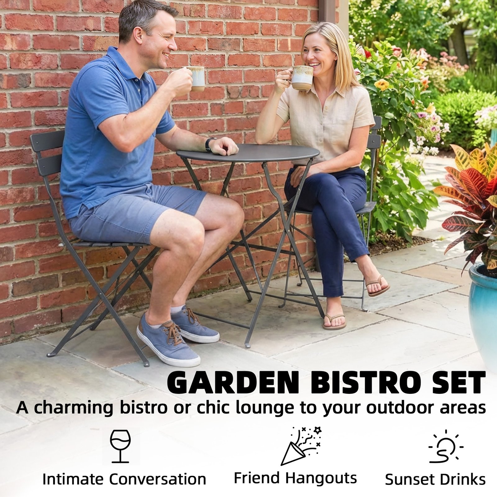 Outsunny Folding Garden Bistro Set, Outdoor Round Bistro Table and Chairs Set 2 with Electrophoresis Metal Frame, Grey - Image 5