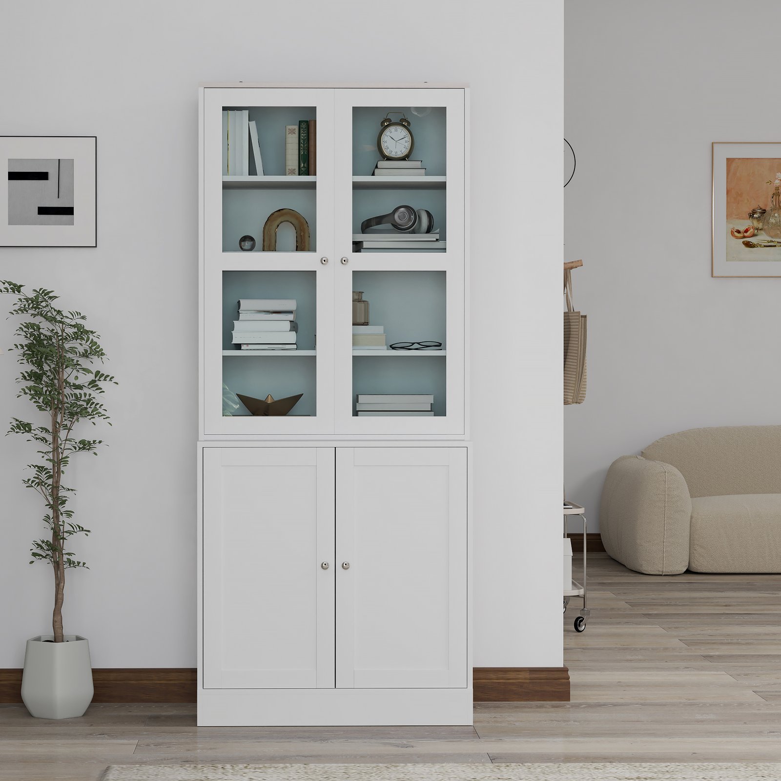 HOMCOM Double Storage Display Cabinet with Adjustable Shelves, MDF - White - Image 8