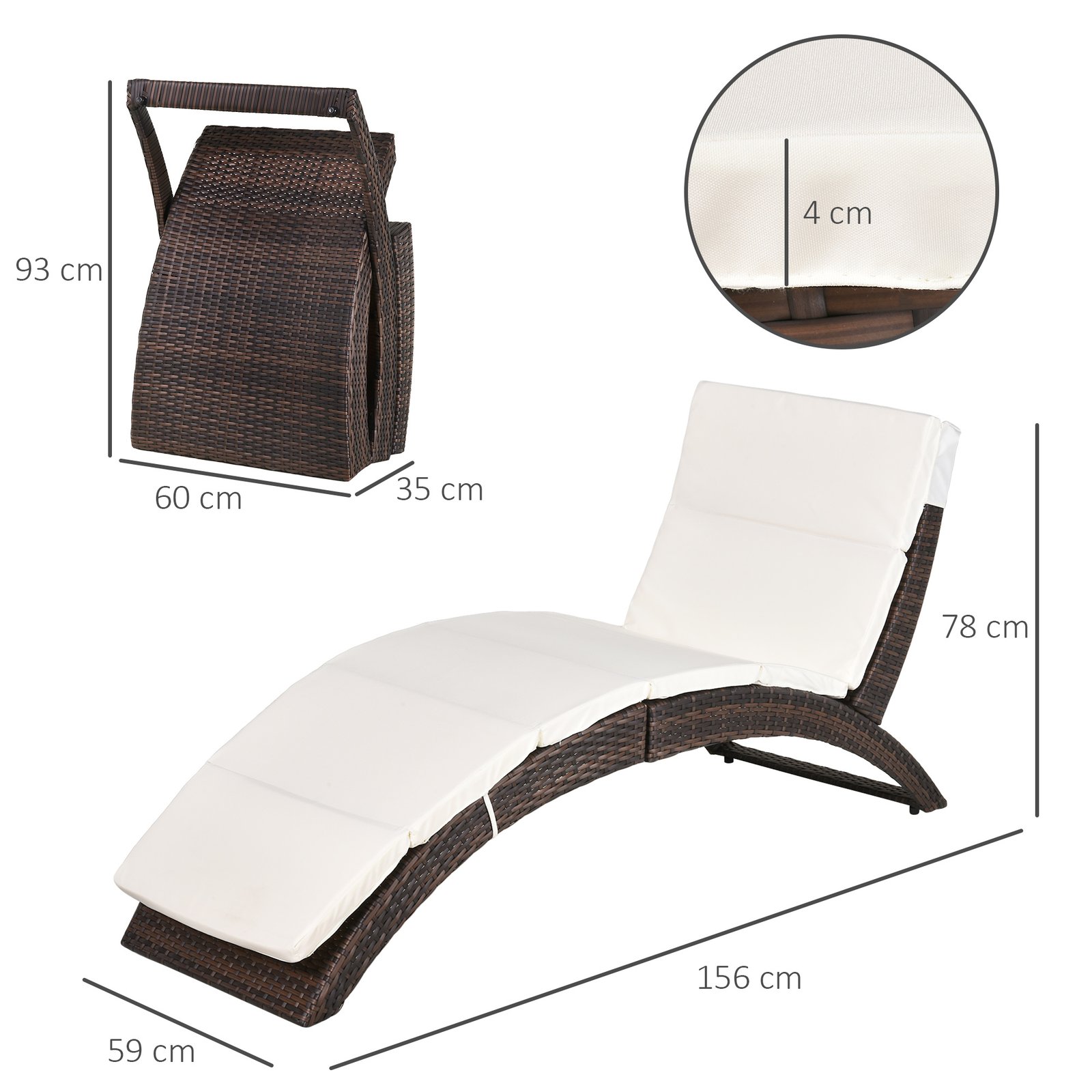 Outsunny Folding Sun Lounger, PE Rattan Garden Lounger Chair with Soft Padded Cushion, Ergonomic Curved Design Sun Bed for Balcony, Garden, Brown - Image 3